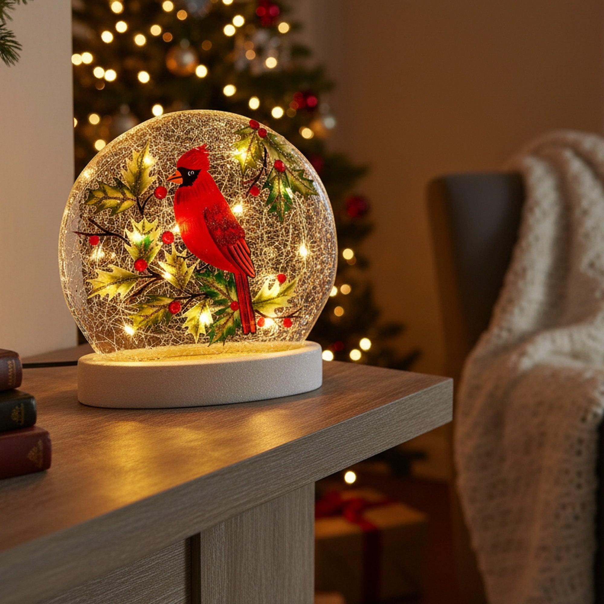 LED Round Crackled Glass on Base Cardinal and Berries, Christmas, Holiday Decor