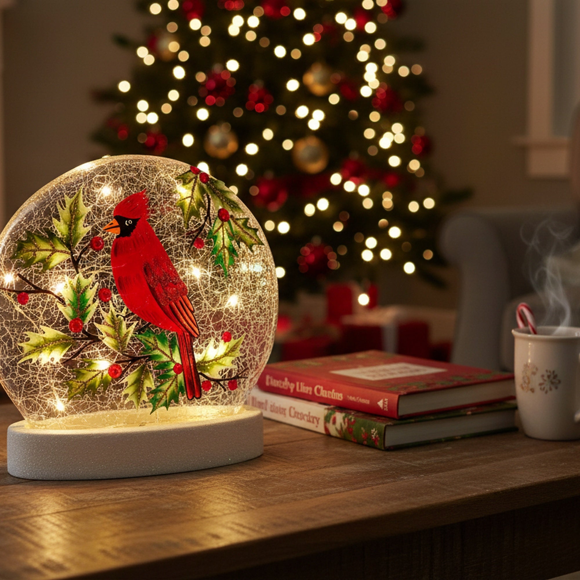 LED Round Crackled Glass on Base Cardinal and Berries, Christmas, Holiday Decor