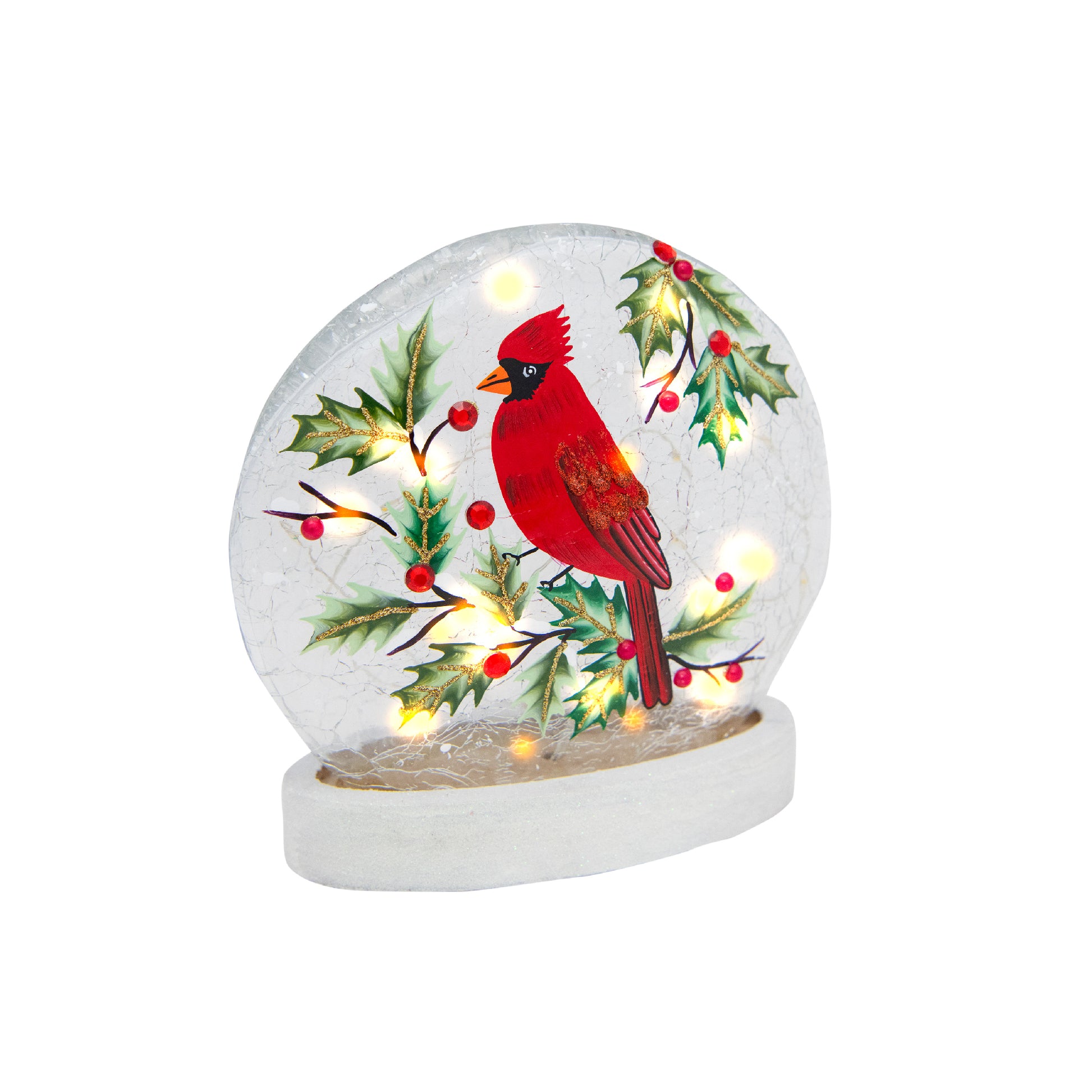 LED Round Crackled Glass on Base Cardinal and Berries, Christmas, Holiday Decor