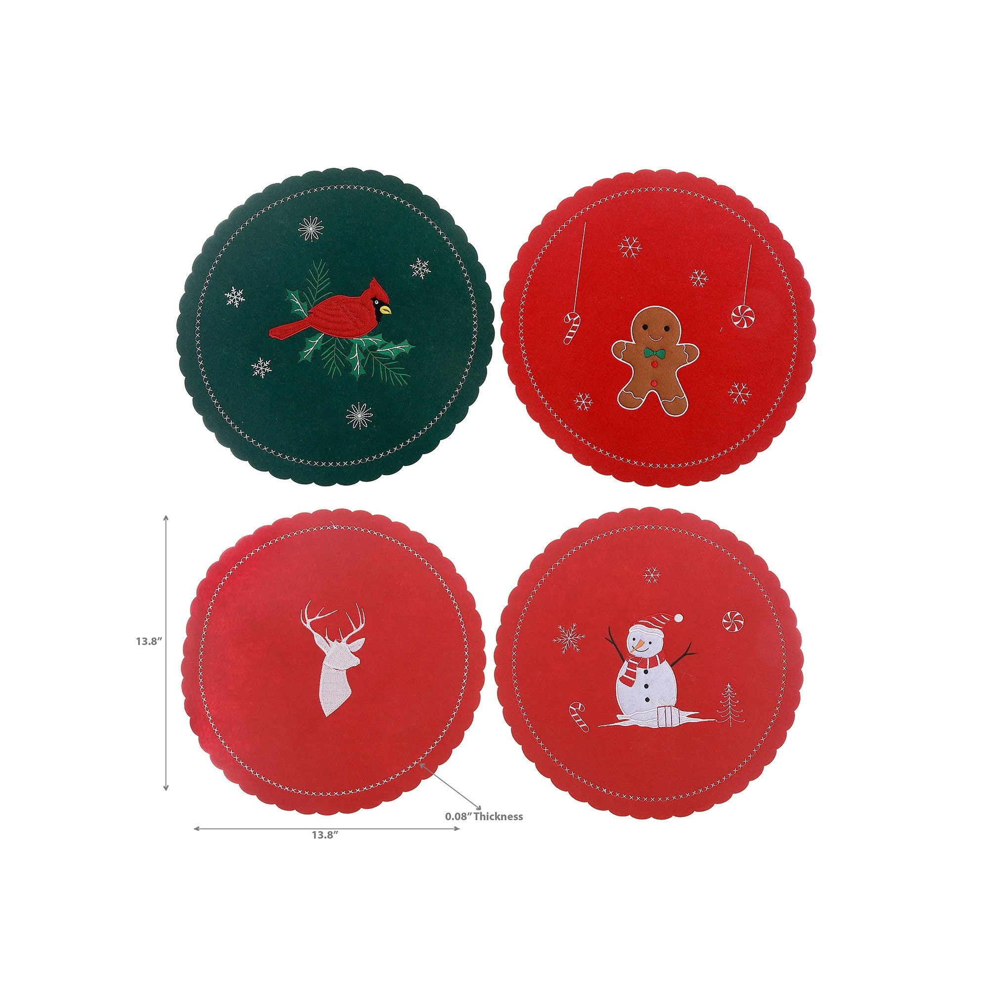 Felt Placemat Set of 4 13.8" Large Assorted – Christmas Table Decor, Holiday Dining Accent, Festive Winter Decoration