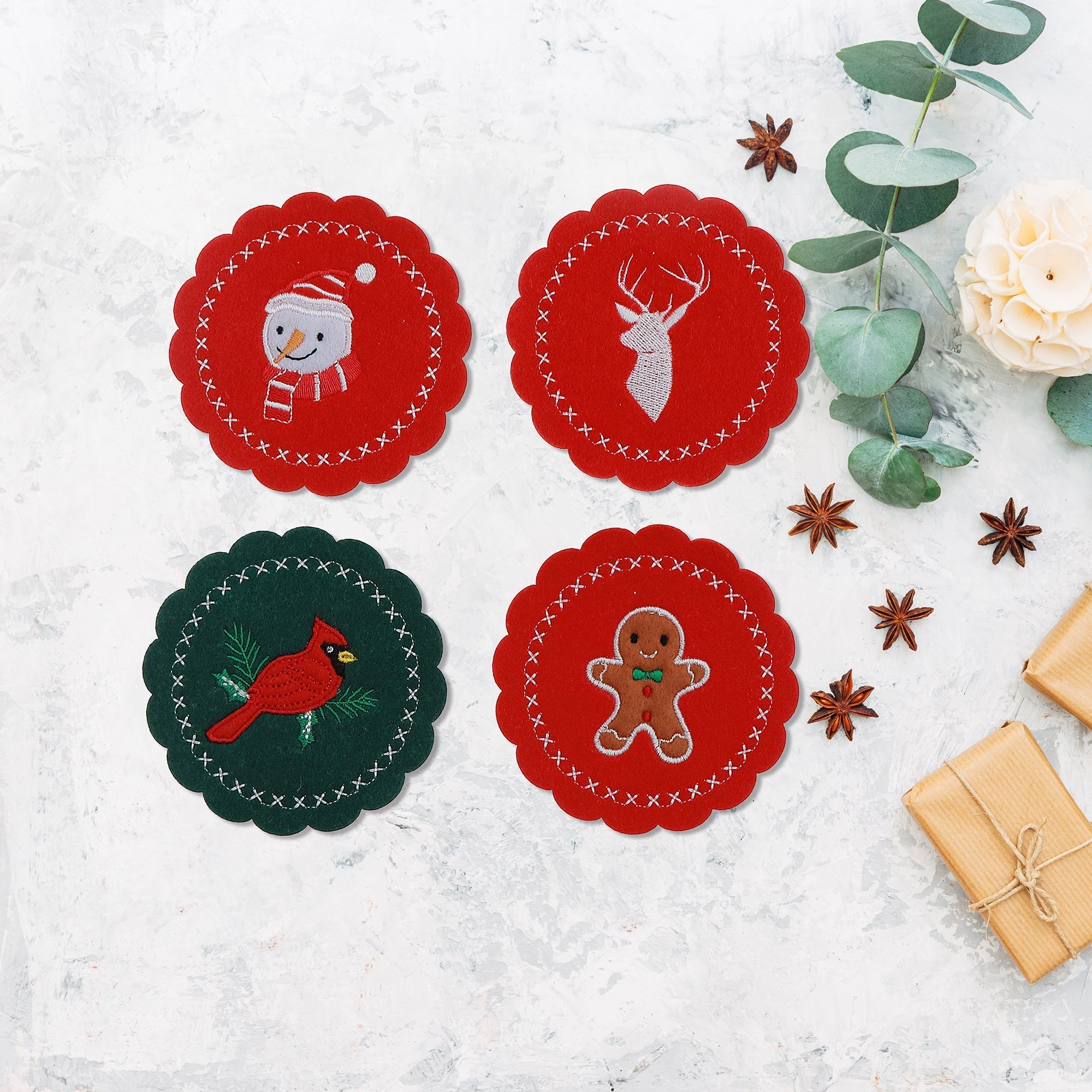 Felt Coaster Set of 4 Assorted Colors, Christmas Coasters, Holiday Table Decor, Festive Drinkware