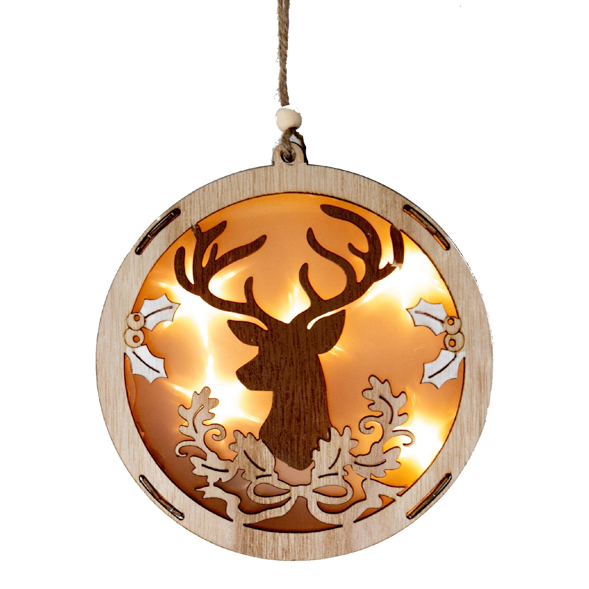 LED Wooden Round Cutout Christmas Ornament Assorted Holiday Tree Decorations - Set of 6
