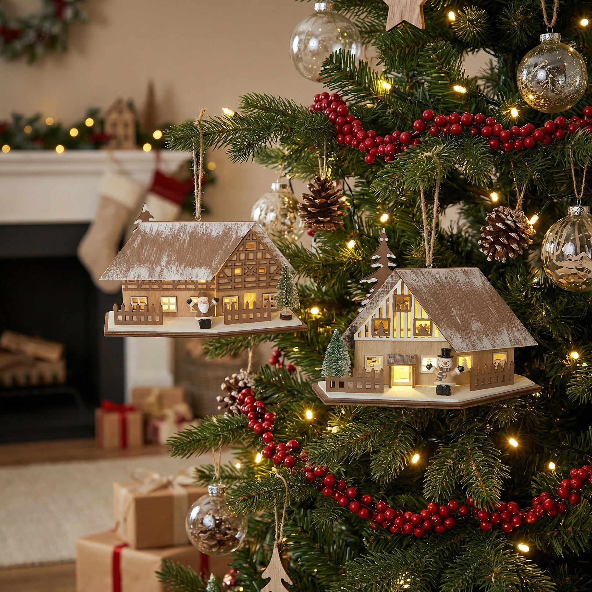 LED Wooden Chalet with Fence Ornament Assorted, Ornament, Holiday Decor- Set of 2