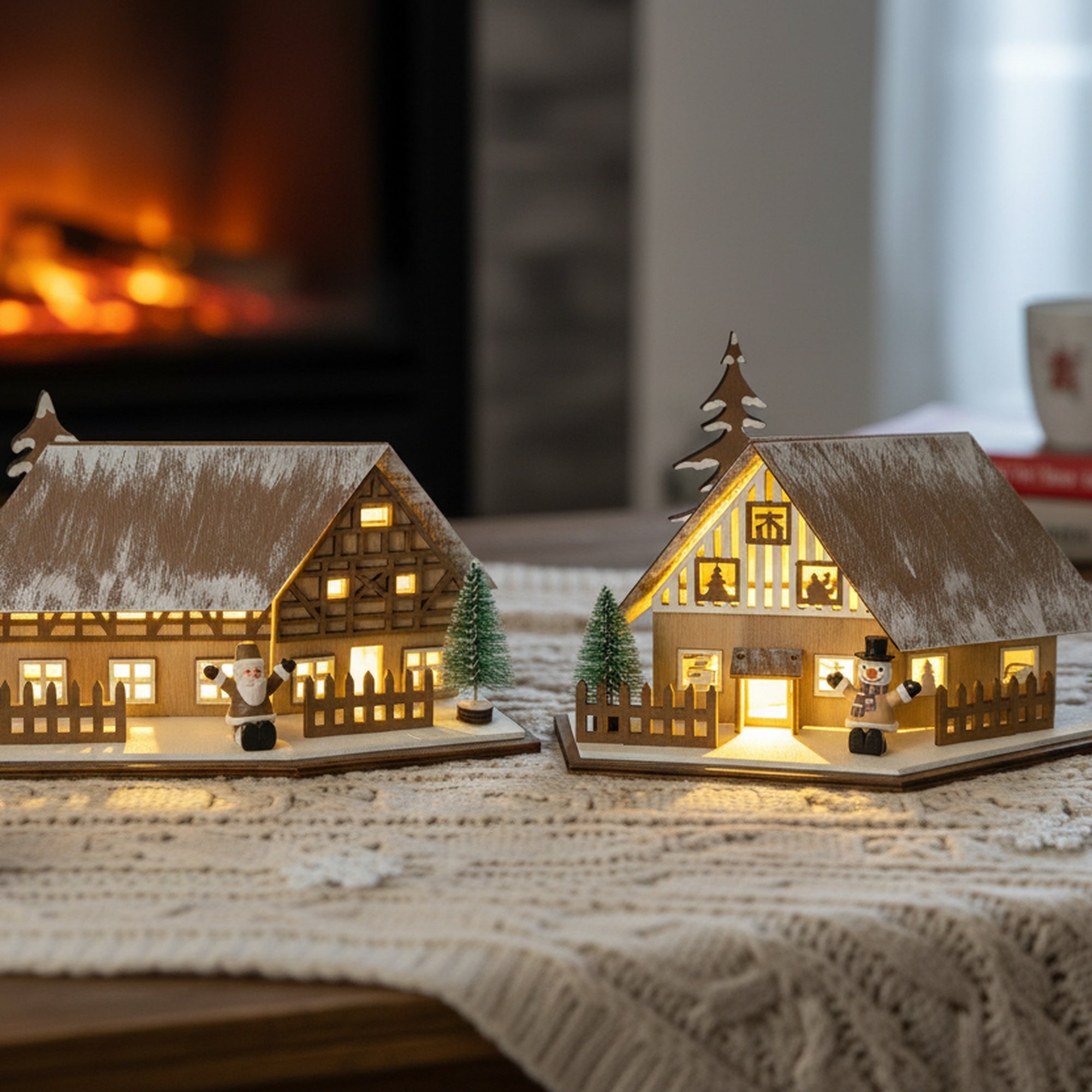 LED Wooden Chalet with Fence Ornament Assorted, Ornament, Holiday Decor- Set of 2