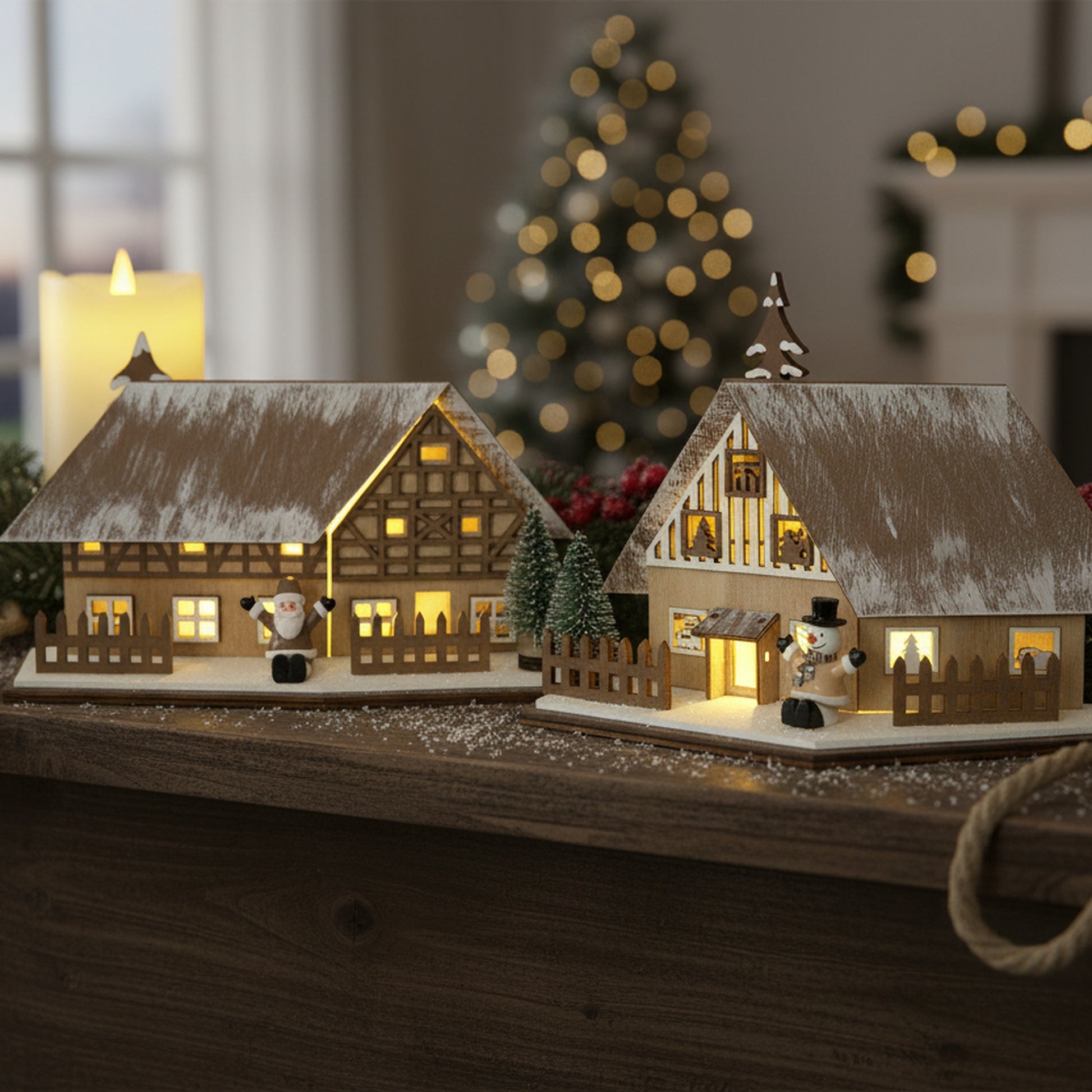 LED Wooden Chalet with Fence Ornament Assorted, Ornament, Holiday Decor- Set of 2