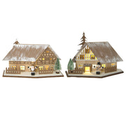 LED Wooden Chalet with Fence Ornament Assorted, Ornament, Holiday Decor- Set of 2