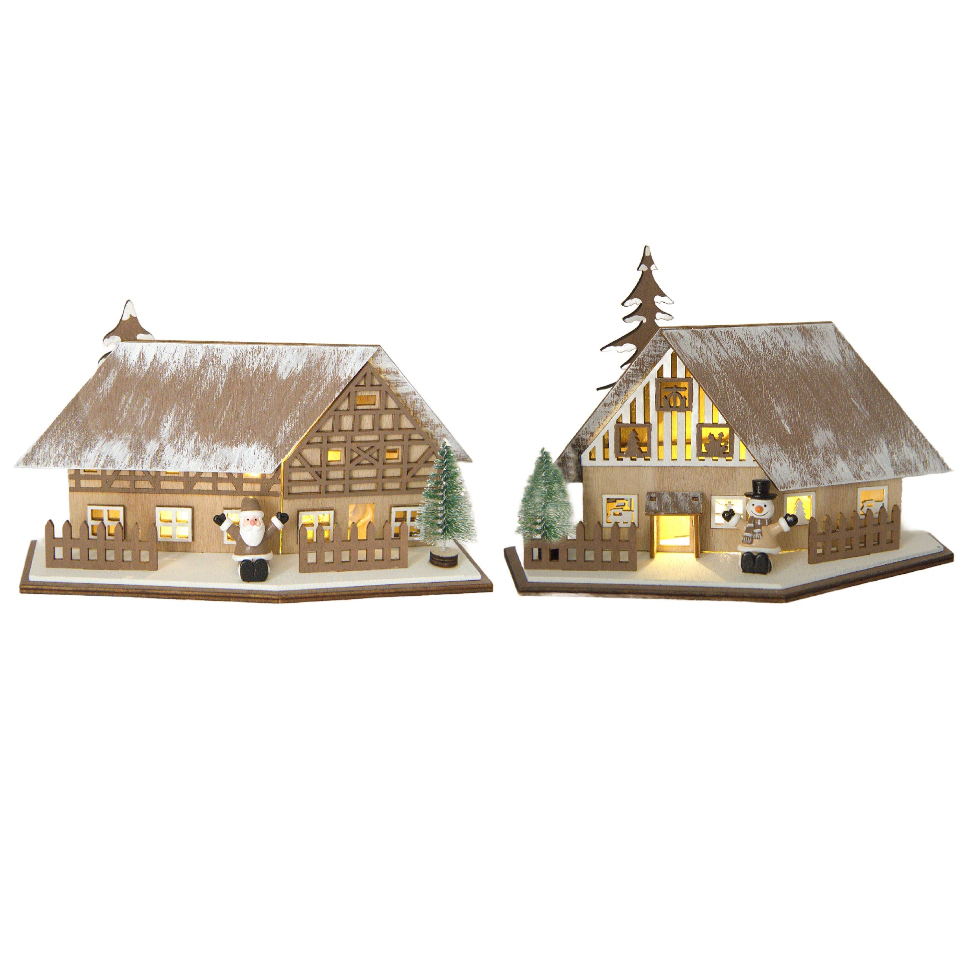 LED Wooden Chalet with Fence Ornament Assorted, Ornament, Holiday Decor- Set of 2