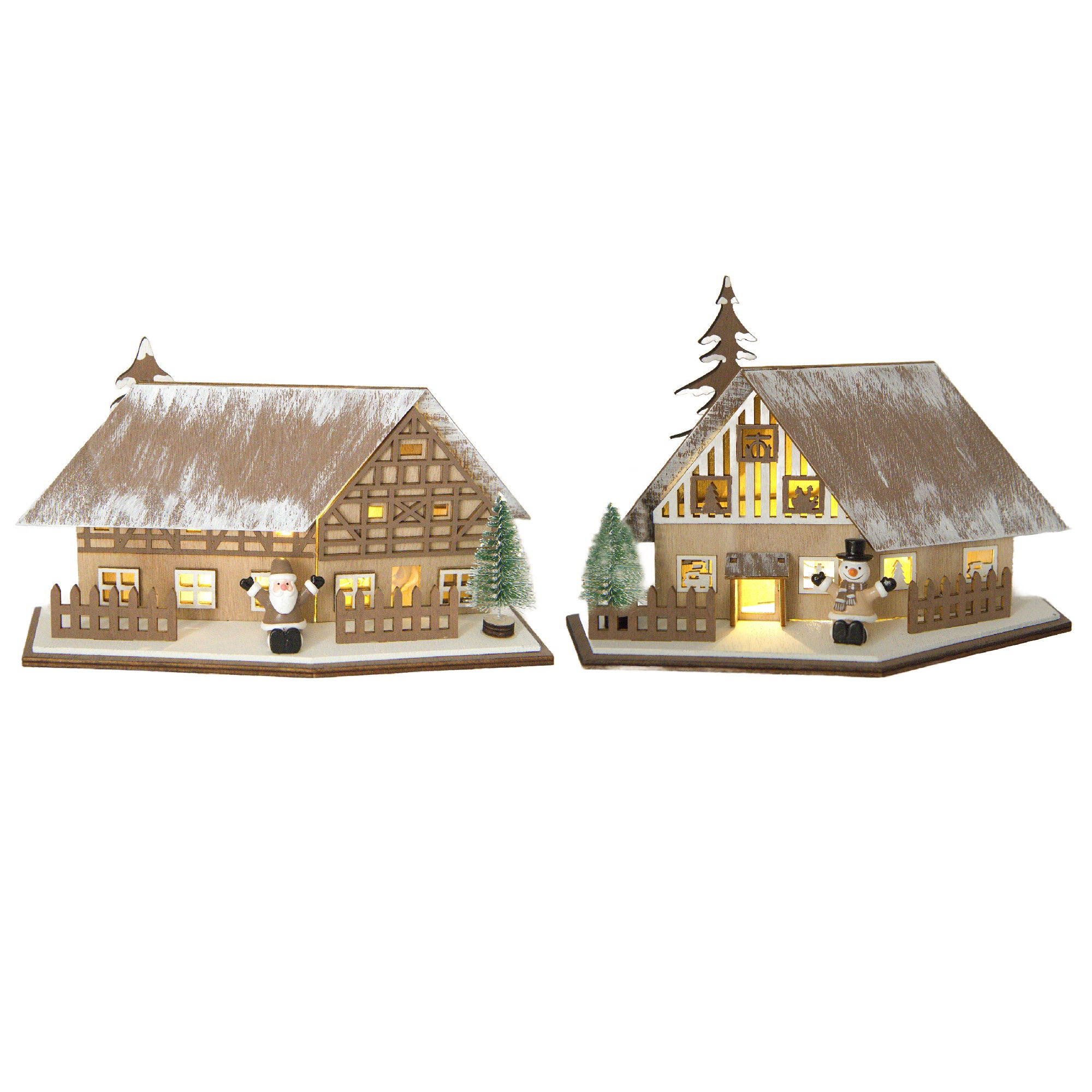 LED Wooden Chalet with Fence Ornament Assorted, Ornament, Holiday Decor- Set of 2