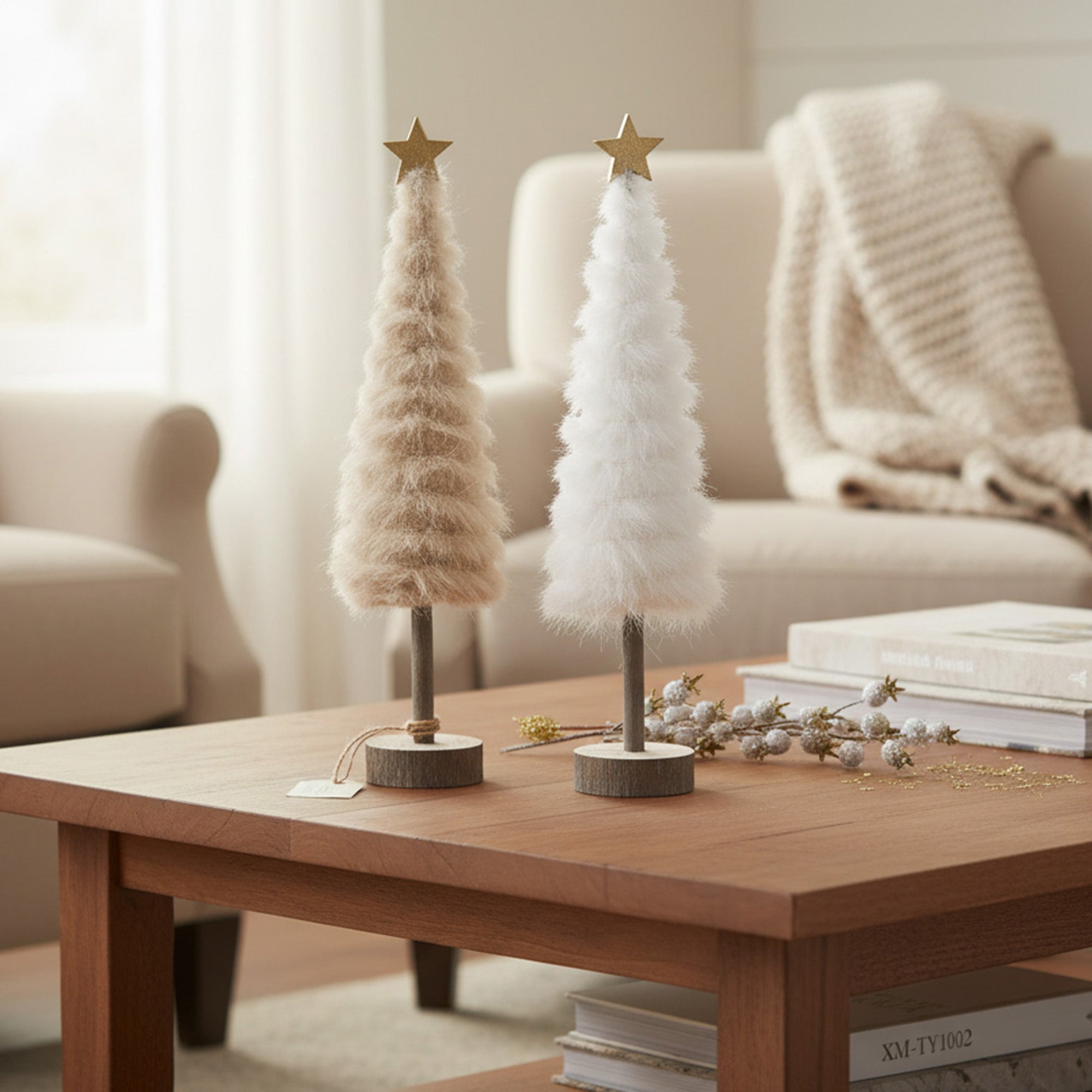 Fur Tree with Gold Star Assorted, Christmas, Holiday Decor- Set of 2