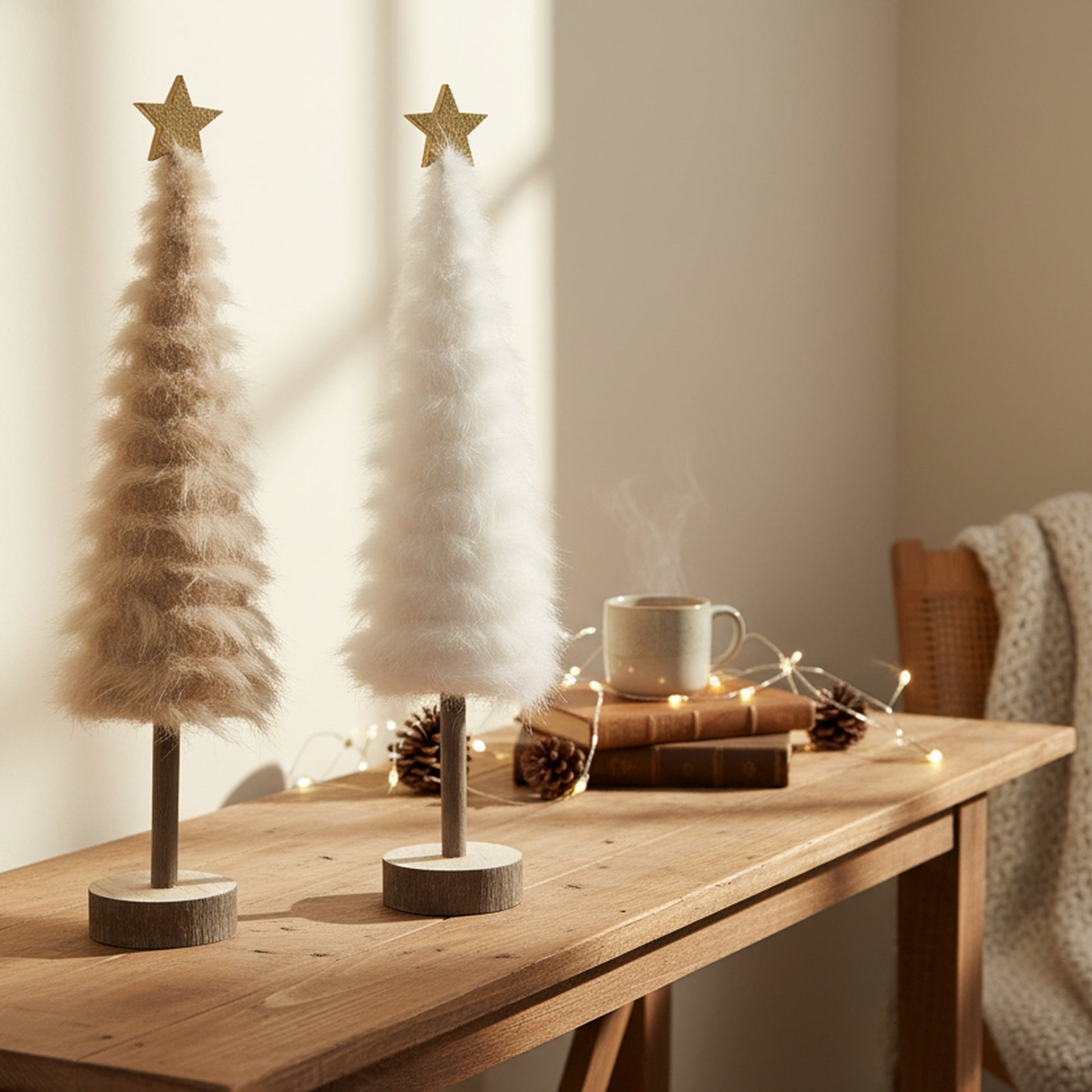 Fur Tree with Gold Star Assorted, Christmas, Holiday Decor- Set of 2