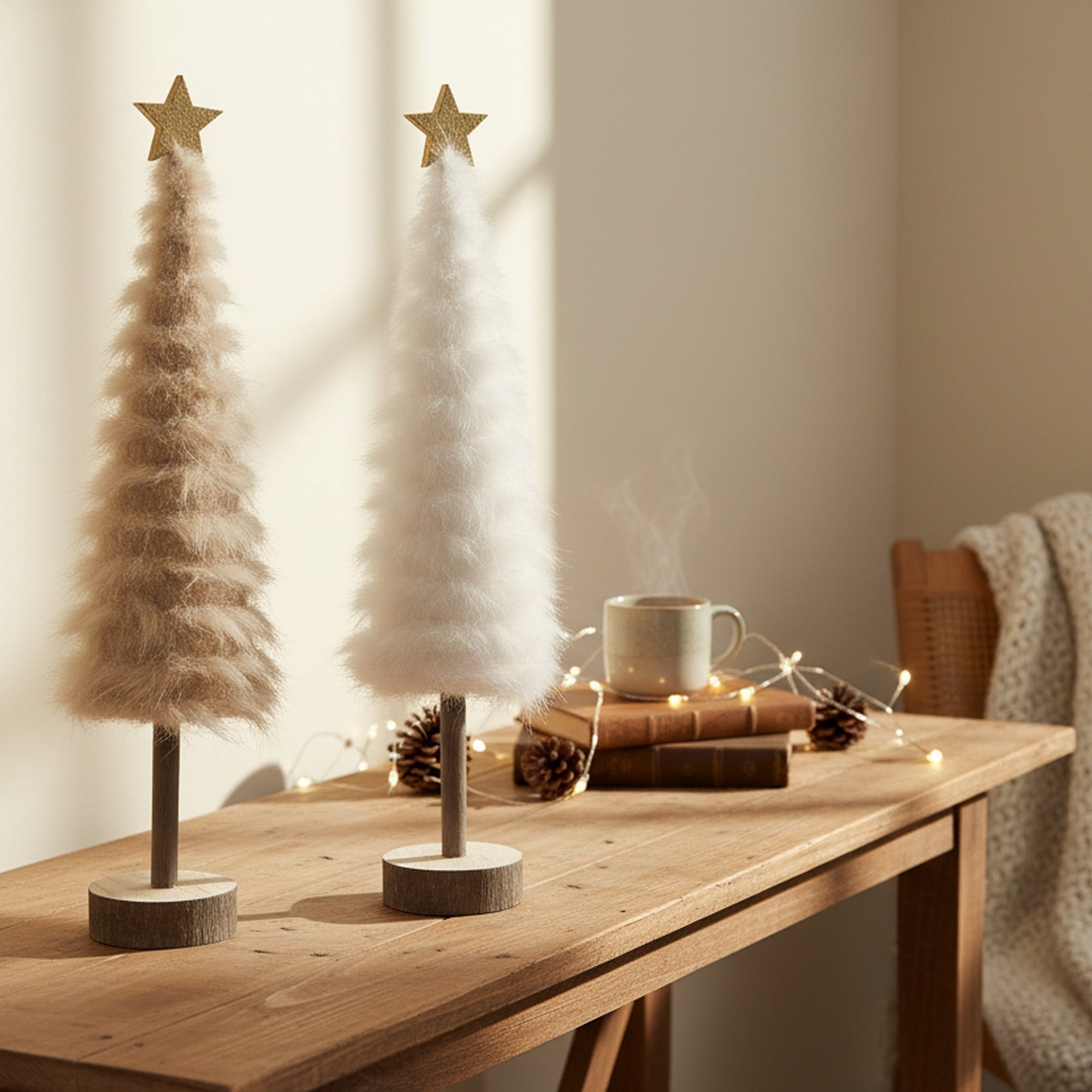 Fur Tree with Gold Star Assorted, Christmas, Holiday Decor- Set of 2