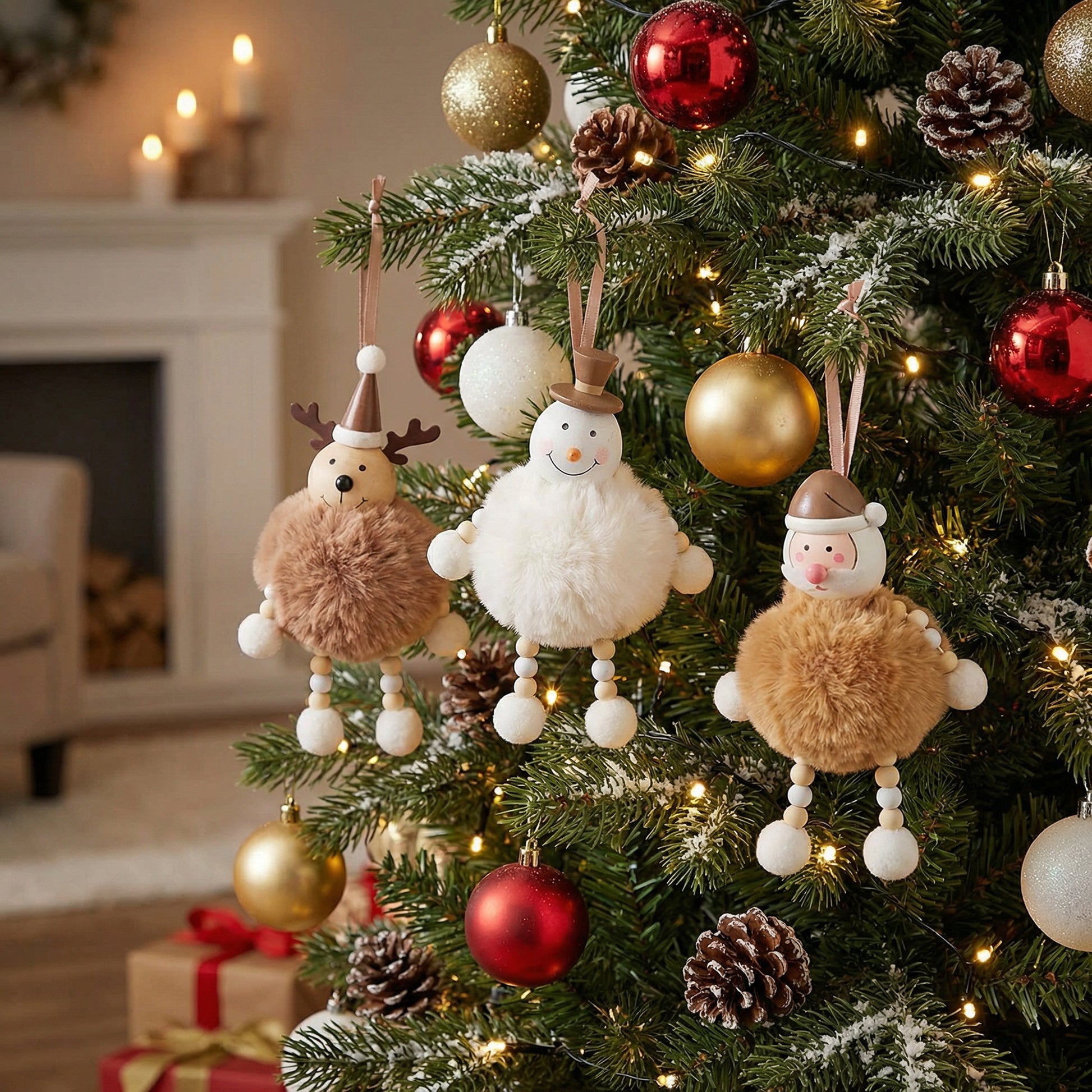 Pom Pom Figures With Legs Assorted Santa/Snowman/Reindeer, Christmas, Holiday Decor- Set of 3