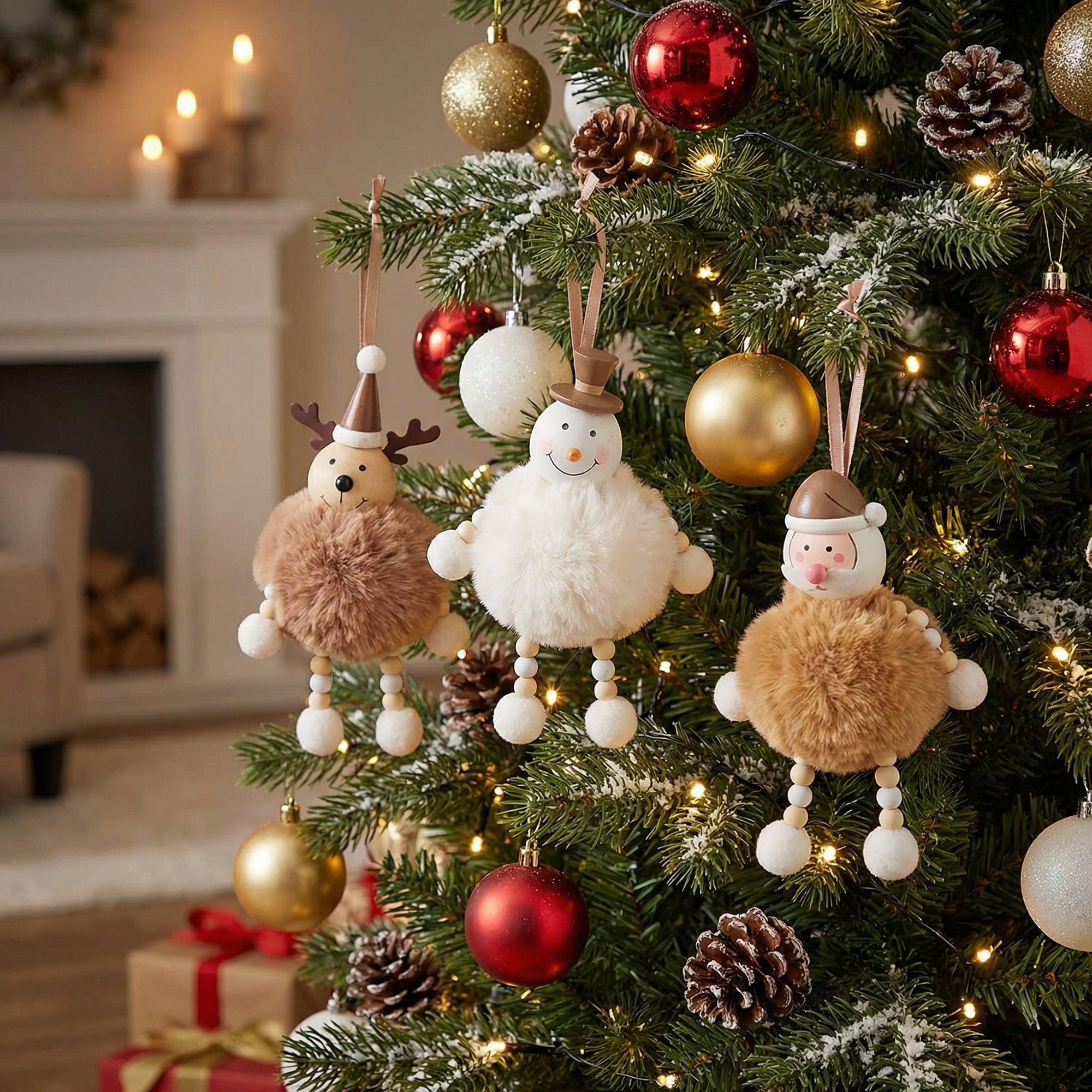Pom Pom Figures With Legs Assorted Santa/Snowman/Reindeer, Christmas, Holiday Decor- Set of 3