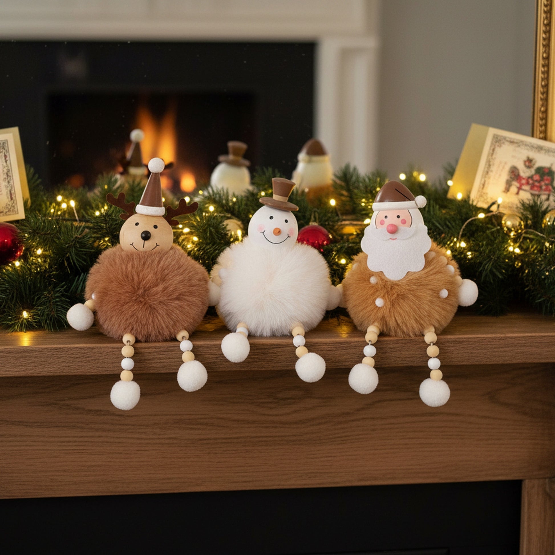 Pom Pom Figures With Legs Assorted Santa/Snowman/Reindeer, Christmas, Holiday Decor- Set of 3