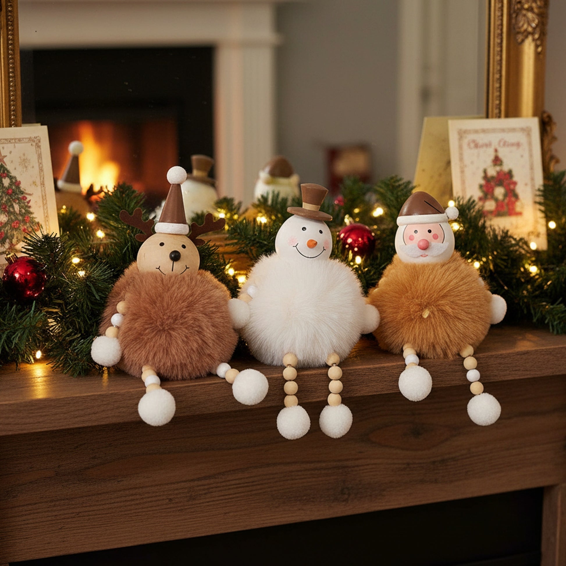 Pom Pom Figures With Legs Assorted Santa/Snowman/Reindeer, Christmas, Holiday Decor- Set of 3