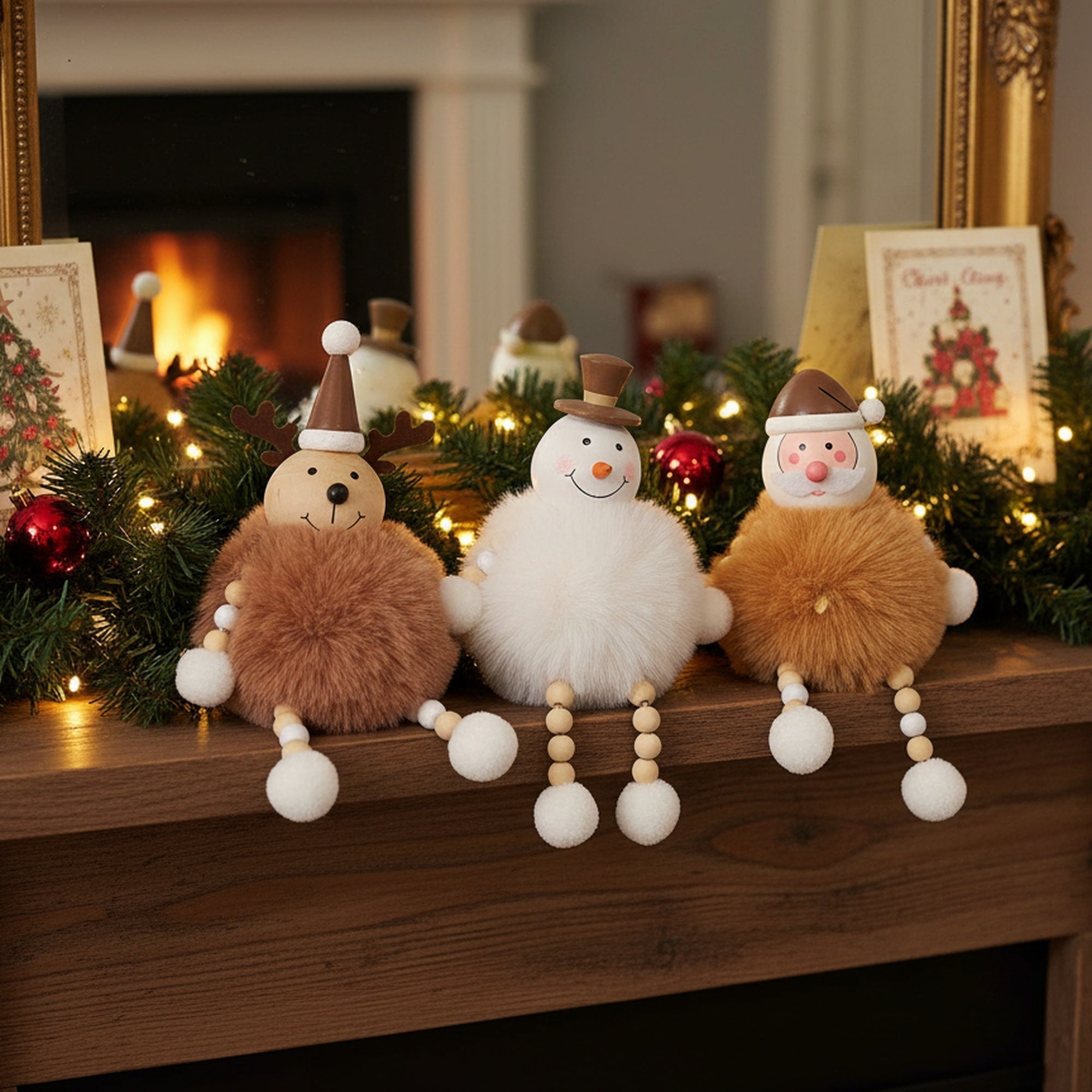 Pom Pom Figures With Legs Assorted Santa/Snowman/Reindeer, Christmas, Holiday Decor- Set of 3
