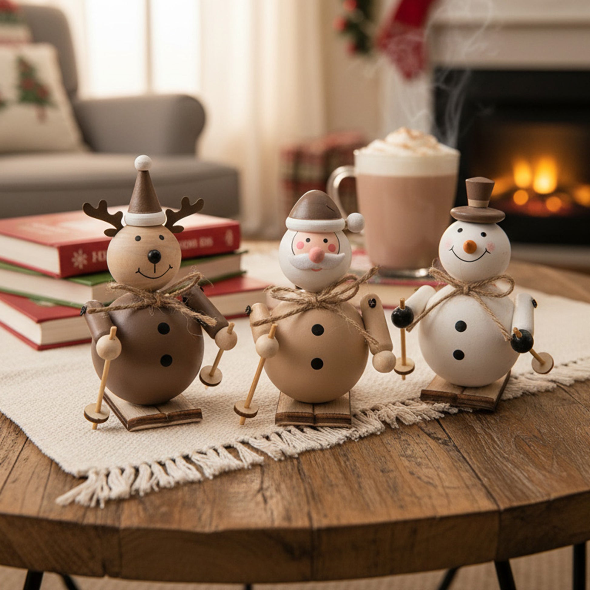 Wooden Figures Skiing Assorted Santa/Snowman/Reindeer, Christmas, Holiday Decor- Set of 3