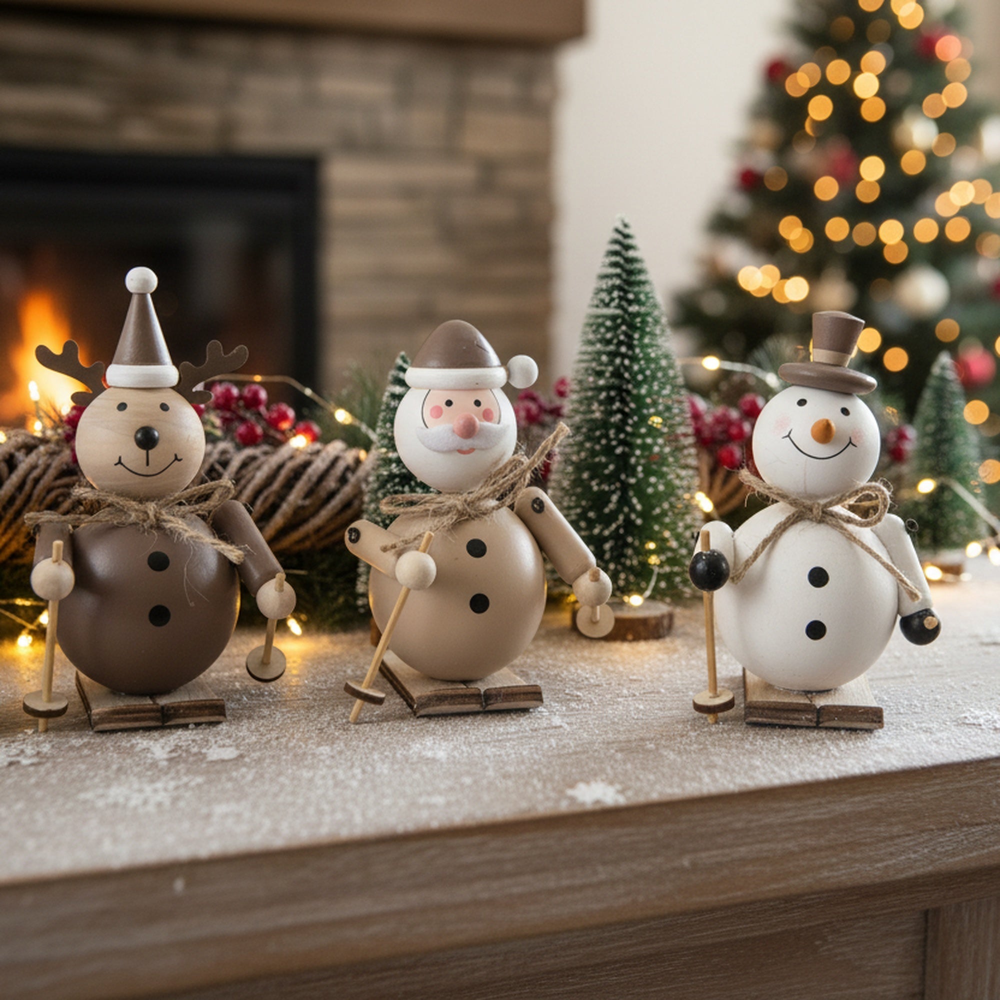 Wooden Figures Skiing Assorted Santa/Snowman/Reindeer, Christmas, Holiday Decor- Set of 3