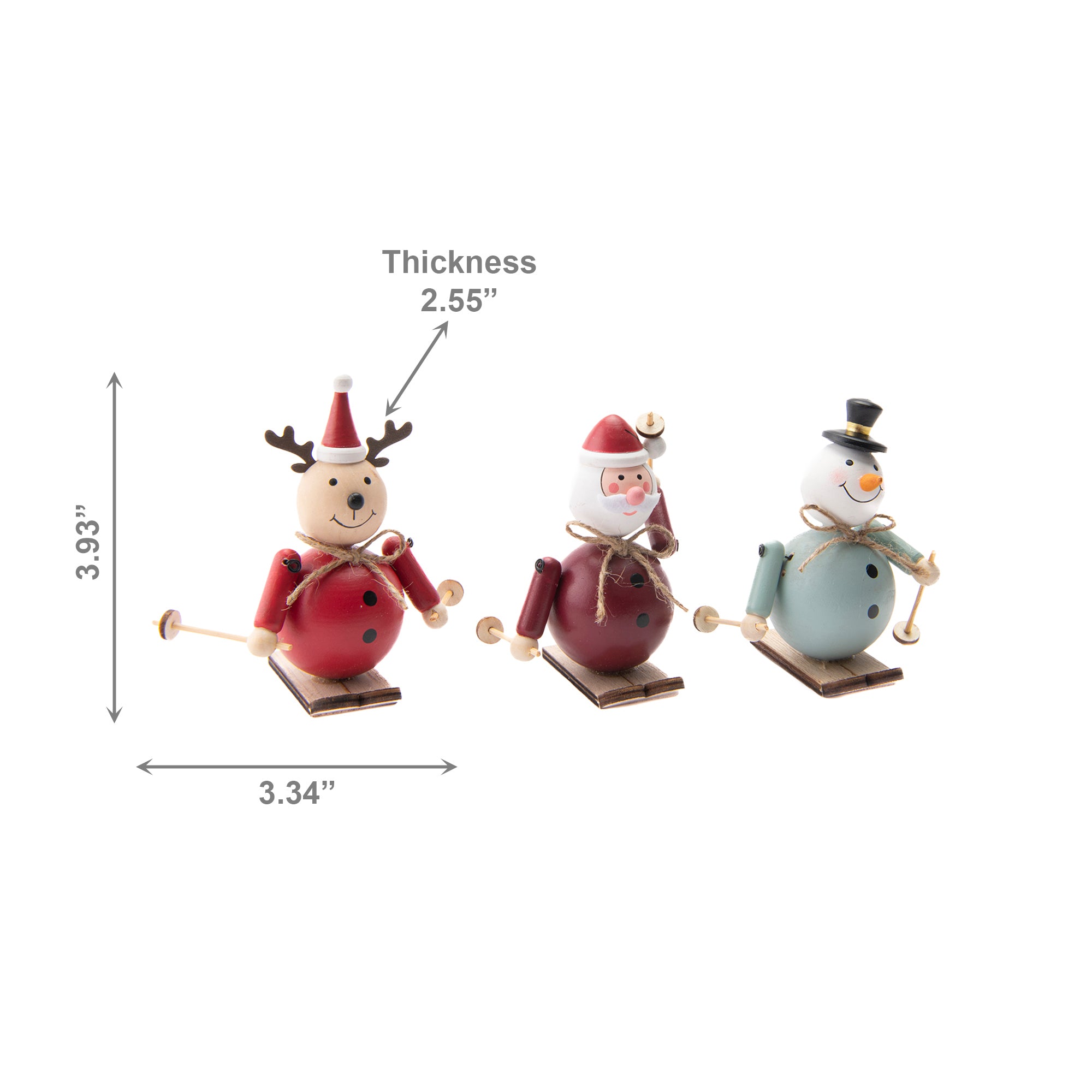 Coloured Wooden Figures Skiing Assorted Santa/Snowman/Reindeer, Christmas, Holiday Decor- Set of 3