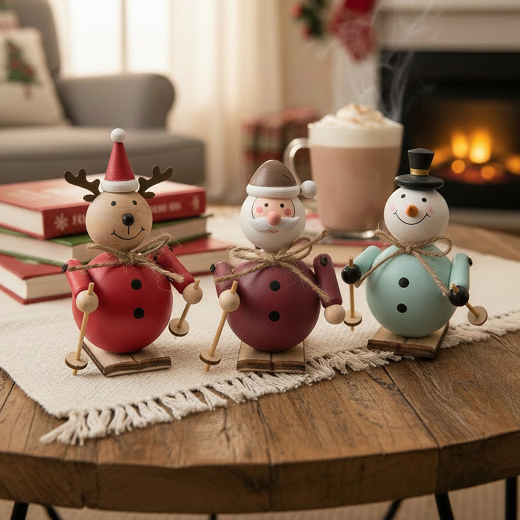 Coloured Wooden Figures Skiing Assorted Santa/Snowman/Reindeer, Christmas, Holiday Decor- Set of 3