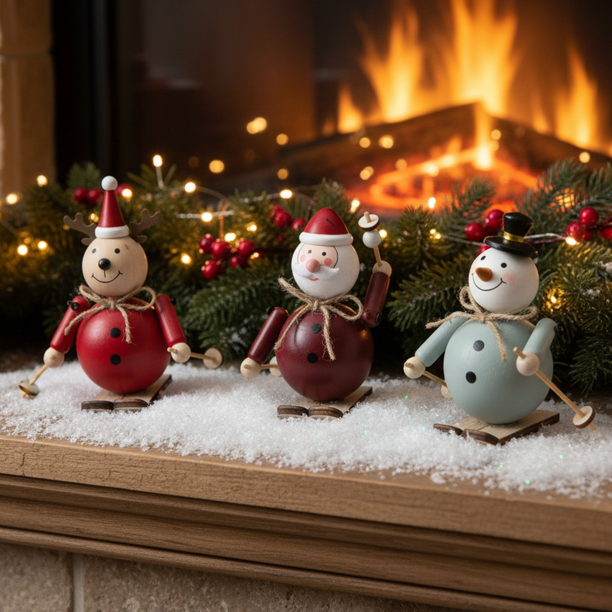 Coloured Wooden Figures Skiing Assorted Santa/Snowman/Reindeer, Christmas, Holiday Decor- Set of 3