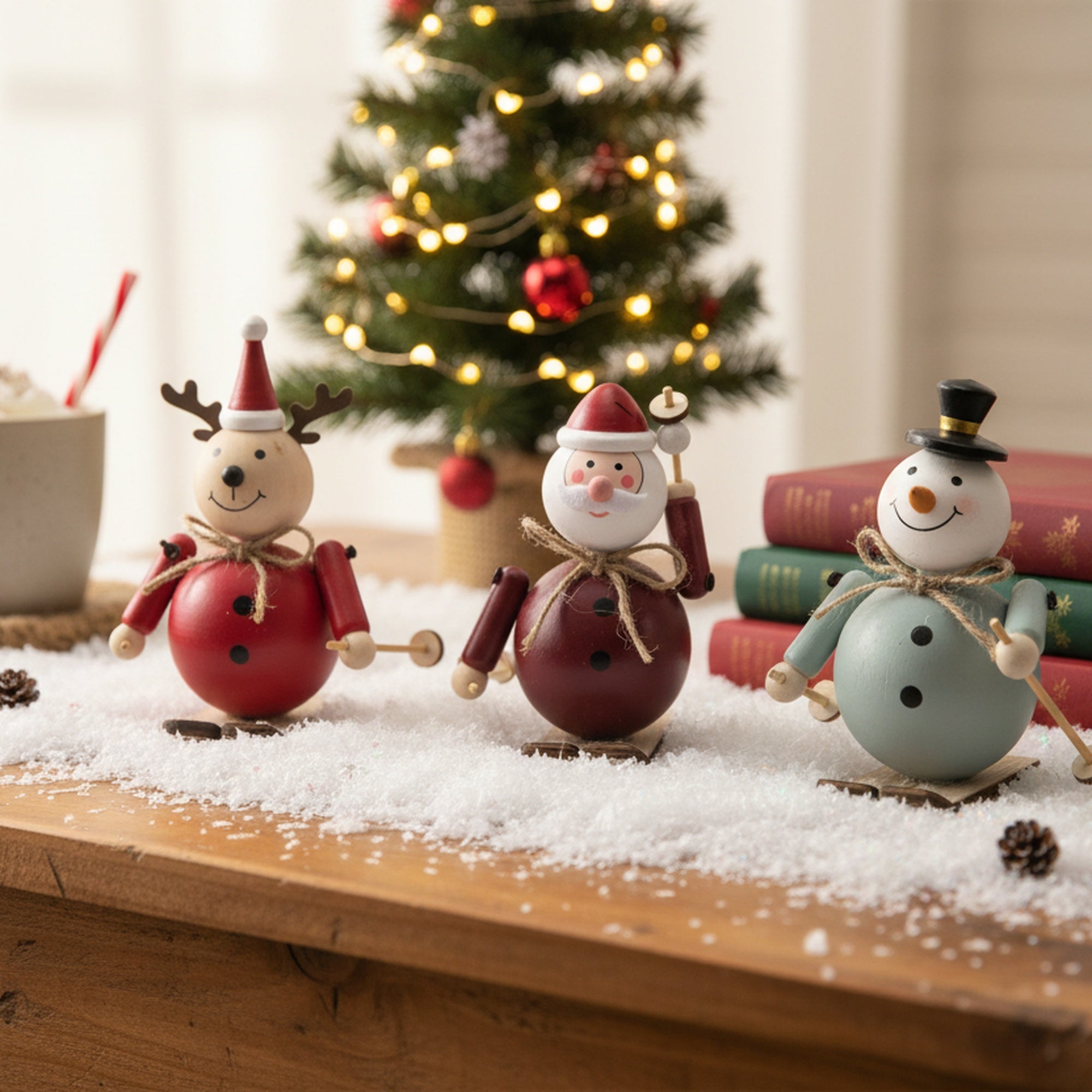Coloured Wooden Figures Skiing Assorted Santa/Snowman/Reindeer, Christmas, Holiday Decor- Set of 3