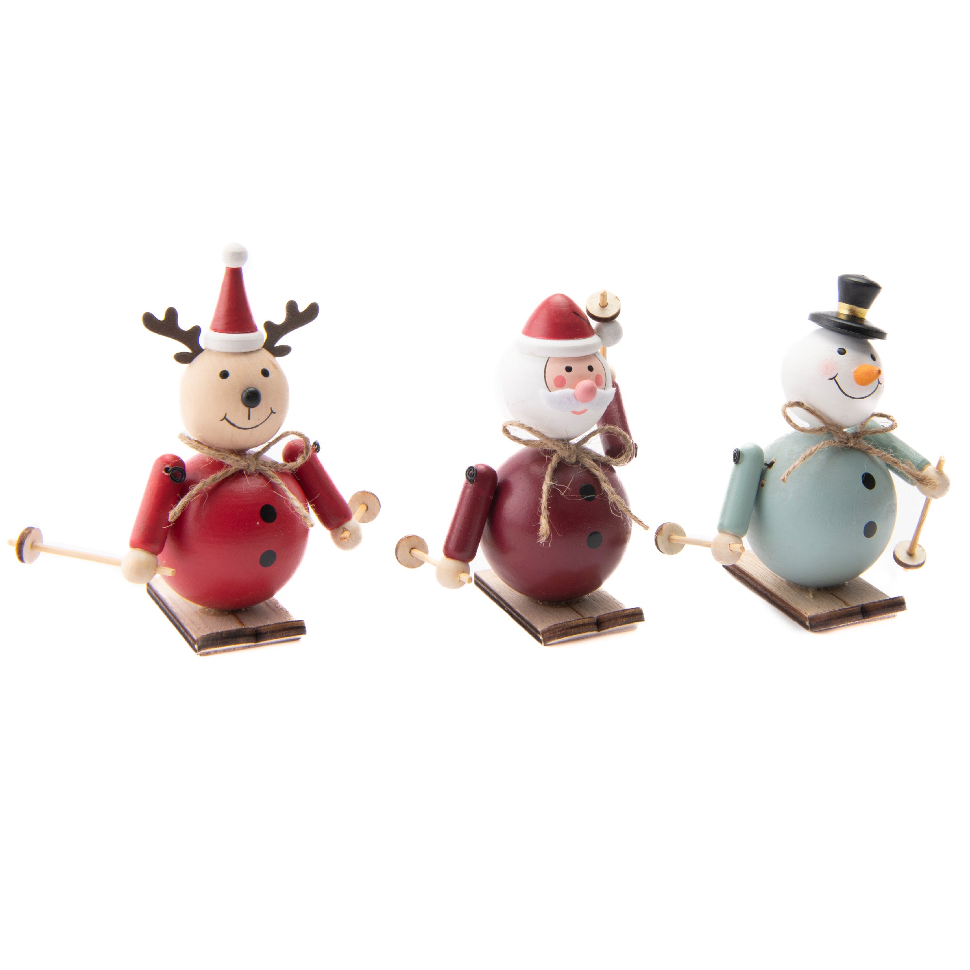 Coloured Wooden Figures Skiing Assorted Santa/Snowman/Reindeer, Christmas, Holiday Decor- Set of 3