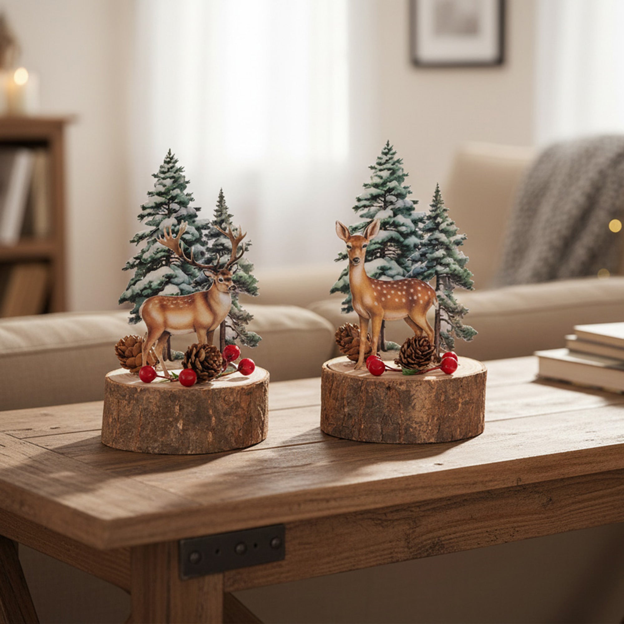 Deer with Trees on Tree Stump Assorted, Holiday Decor- Set of 2