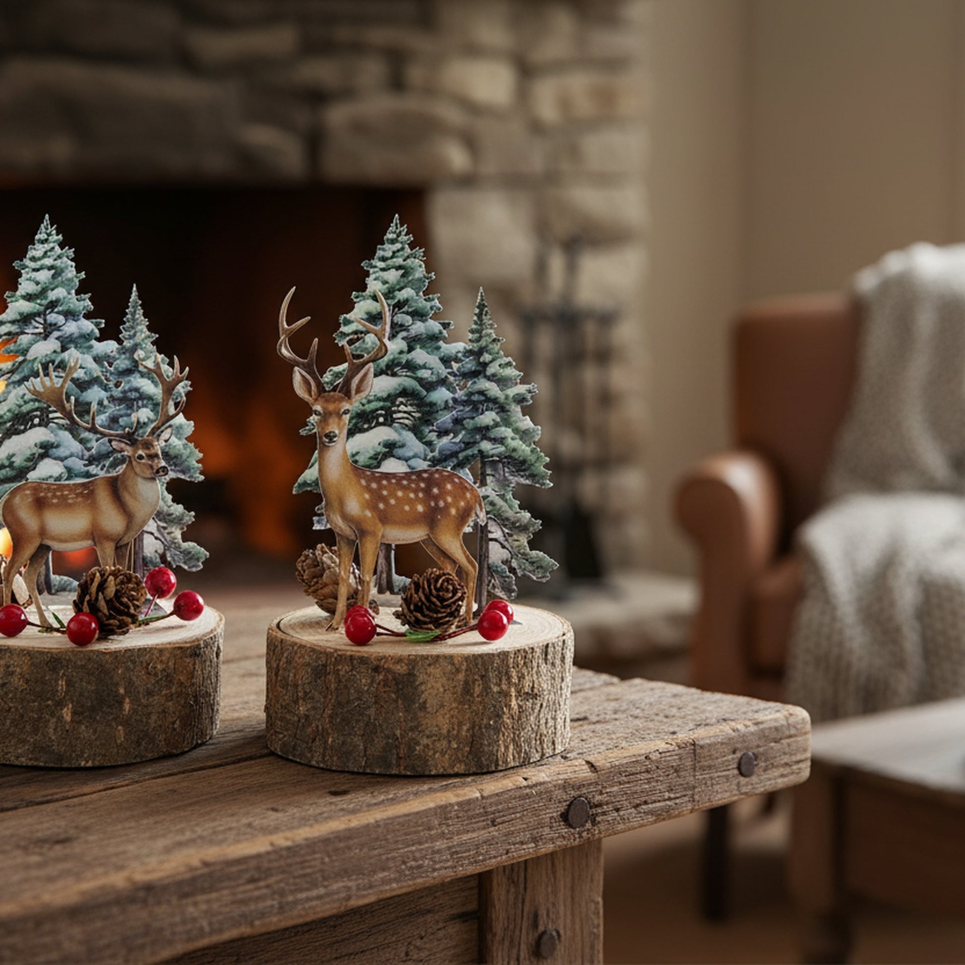 Deer with Trees on Tree Stump Assorted, Holiday Decor- Set of 2
