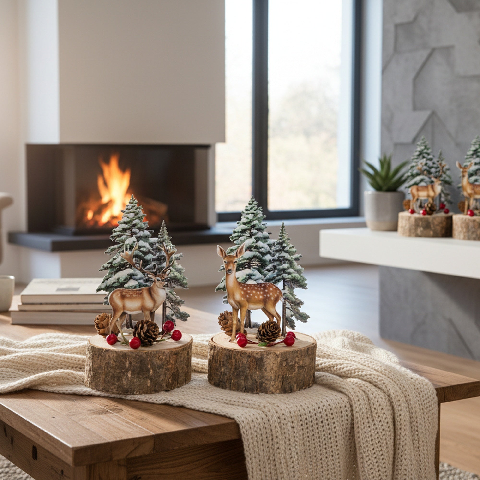 Deer with Trees on Tree Stump Assorted, Holiday Decor- Set of 2