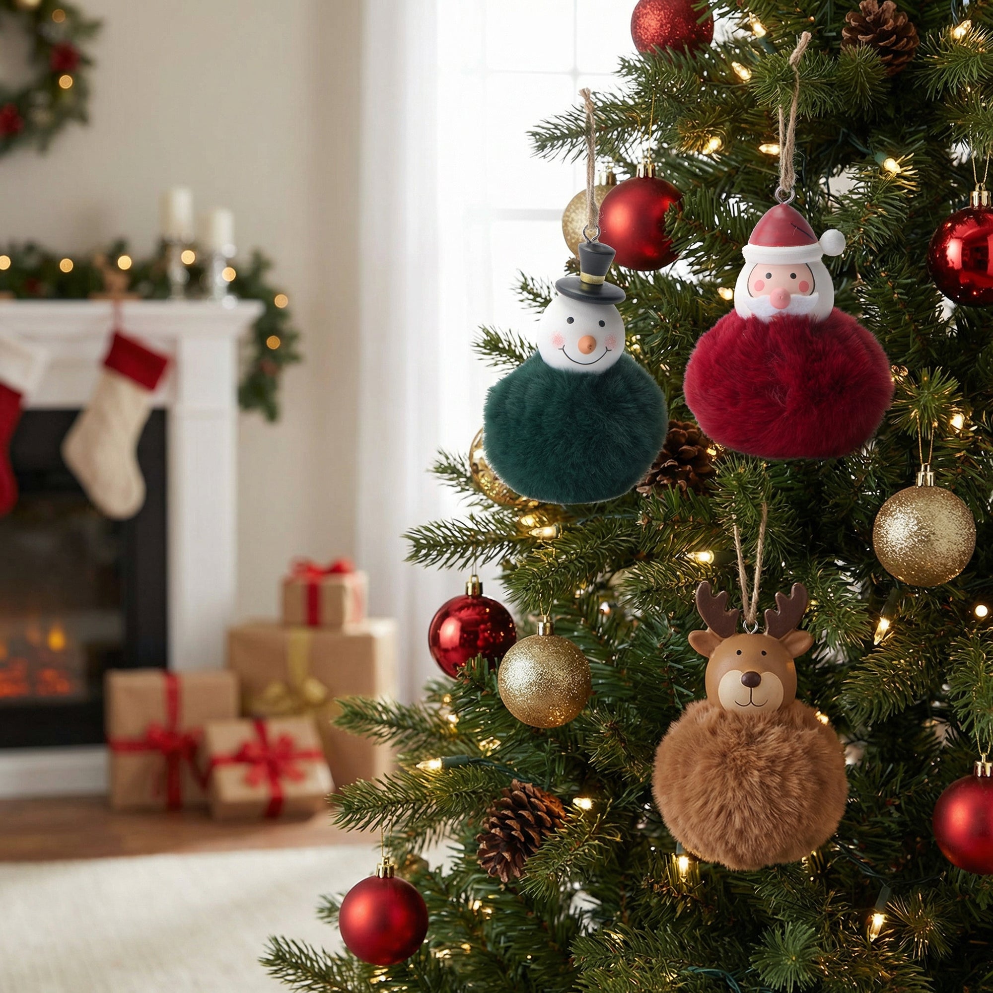 Pom Pom Hanging Ornament Assorted Santa/Snowman/Reindeer, Christmas, Ornament, Holiday Decor- Set of 2