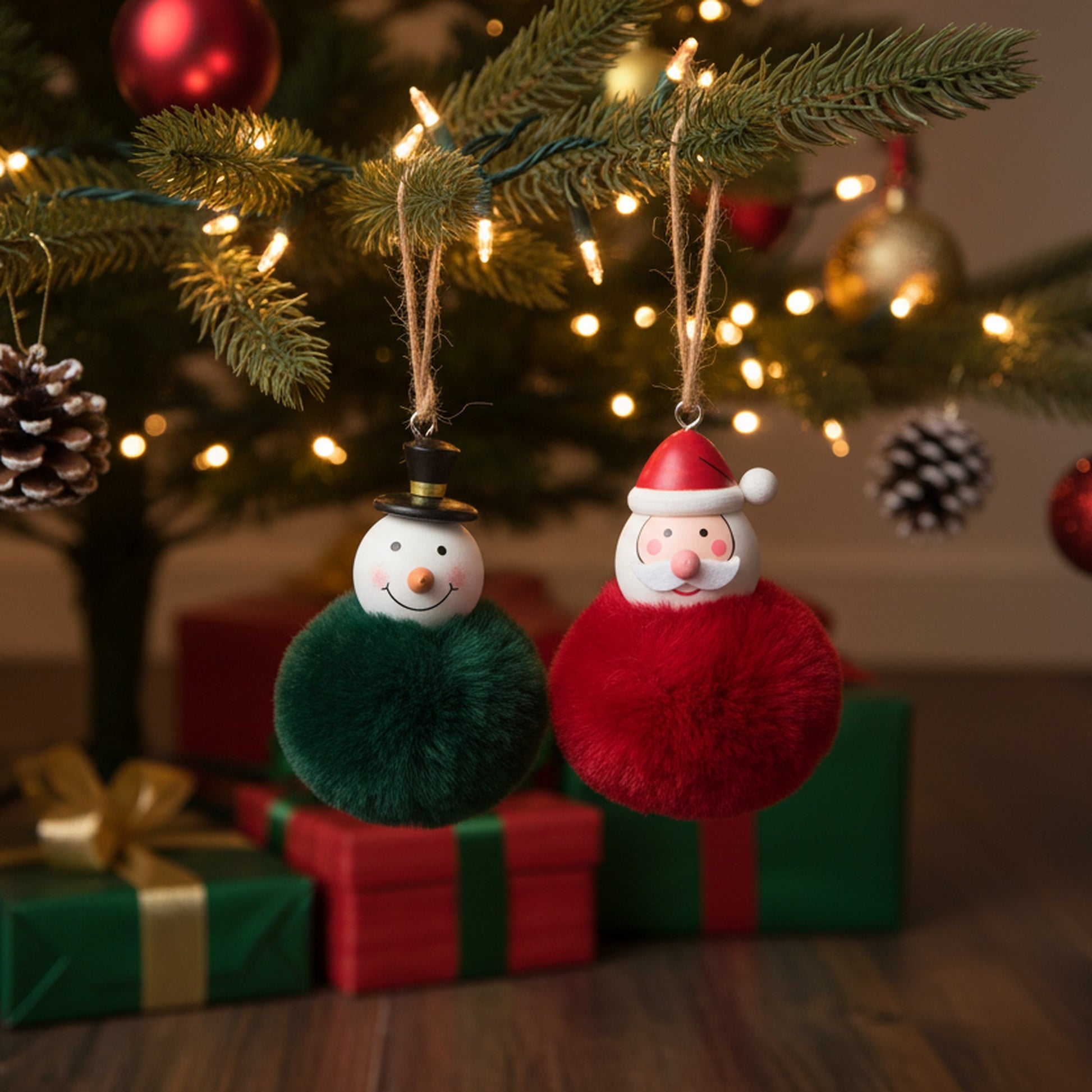 Pom Pom Hanging Ornament Assorted Santa/Snowman/Reindeer, Christmas, Ornament, Holiday Decor- Set of 2