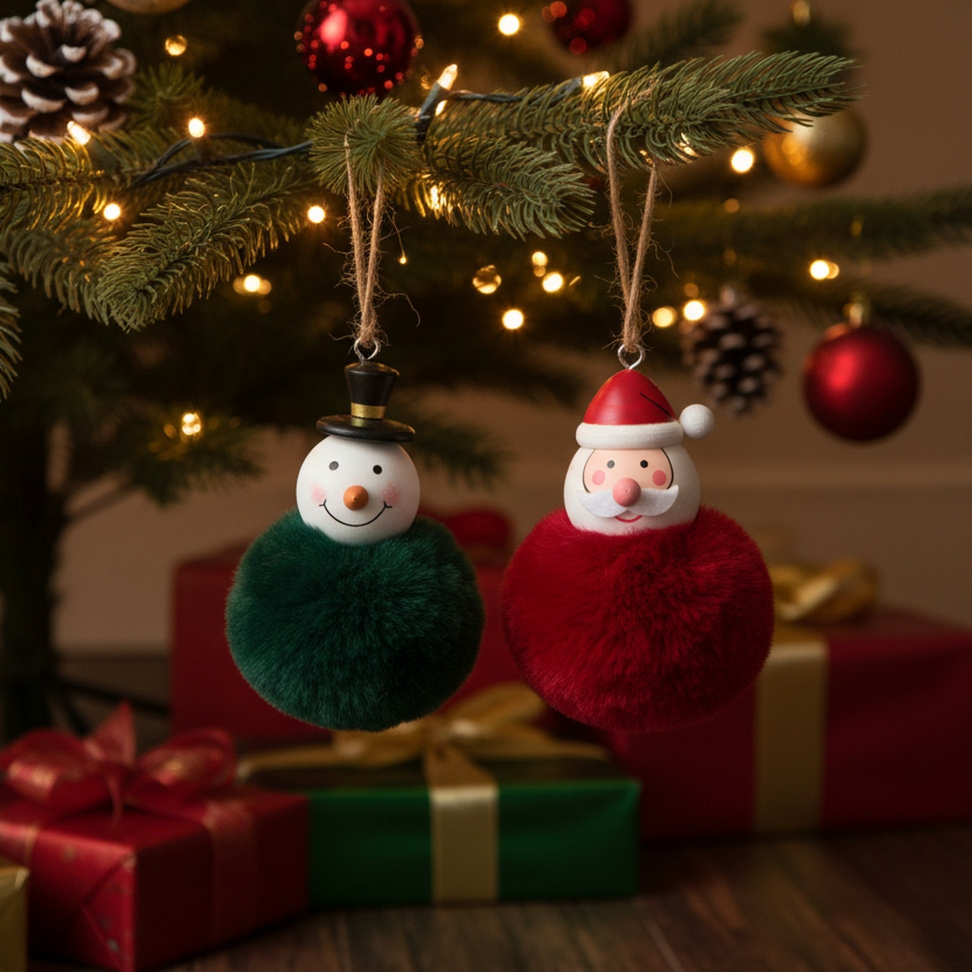 Pom Pom Hanging Ornament Assorted Santa/Snowman/Reindeer, Christmas, Ornament, Holiday Decor- Set of 2