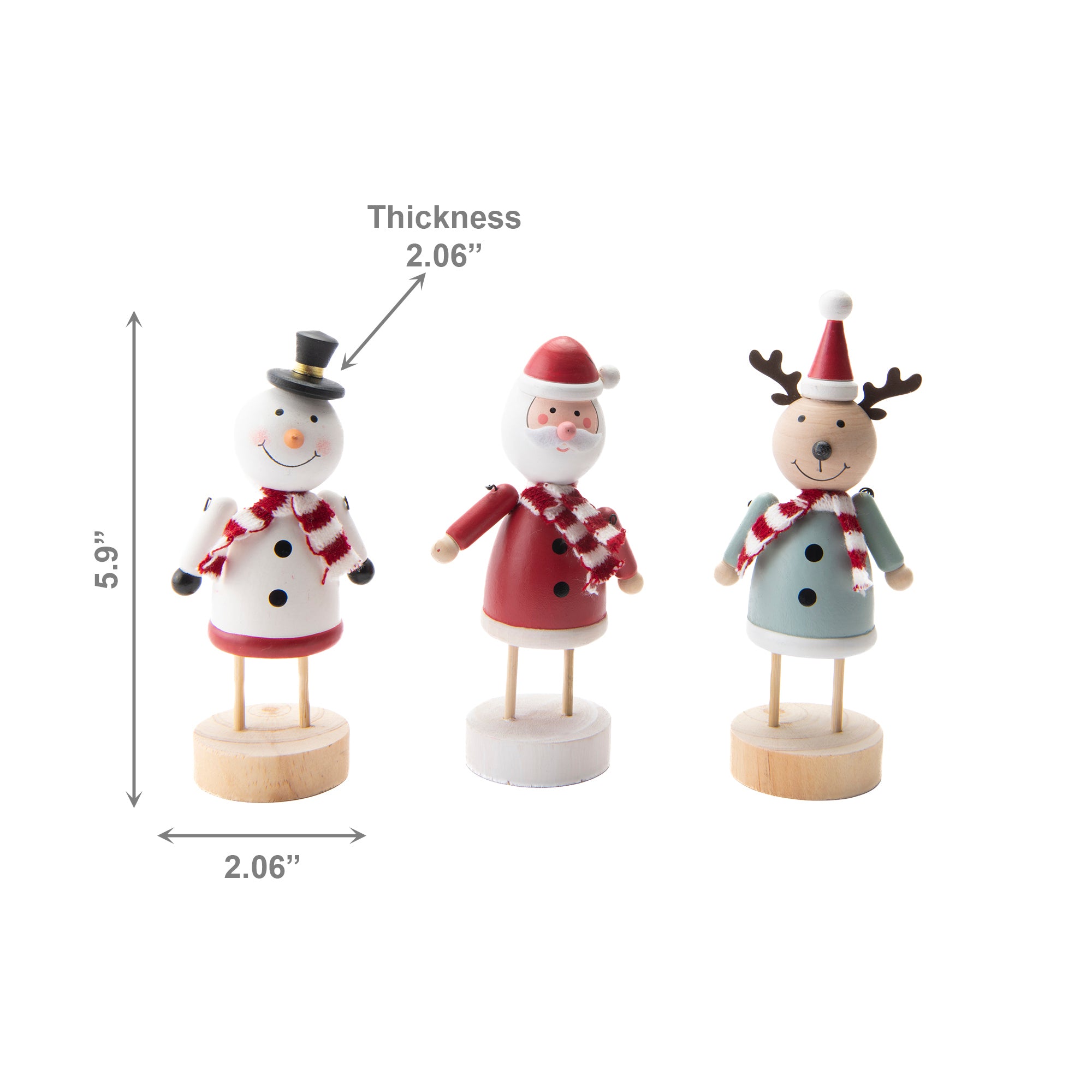 Wooden Figure with Scarf Assorted Santa/Snowman/Reindeer, Christmas, Figurine, Holiday Decor- Set of 3