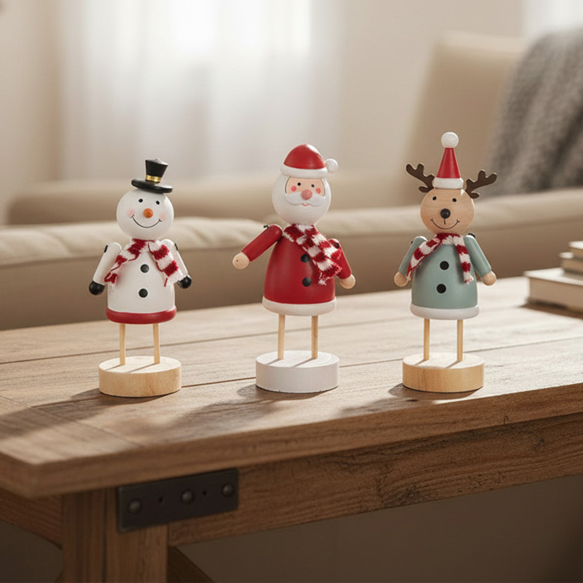 Wooden Figure with Scarf Assorted Santa/Snowman/Reindeer, Christmas, Figurine, Holiday Decor- Set of 3