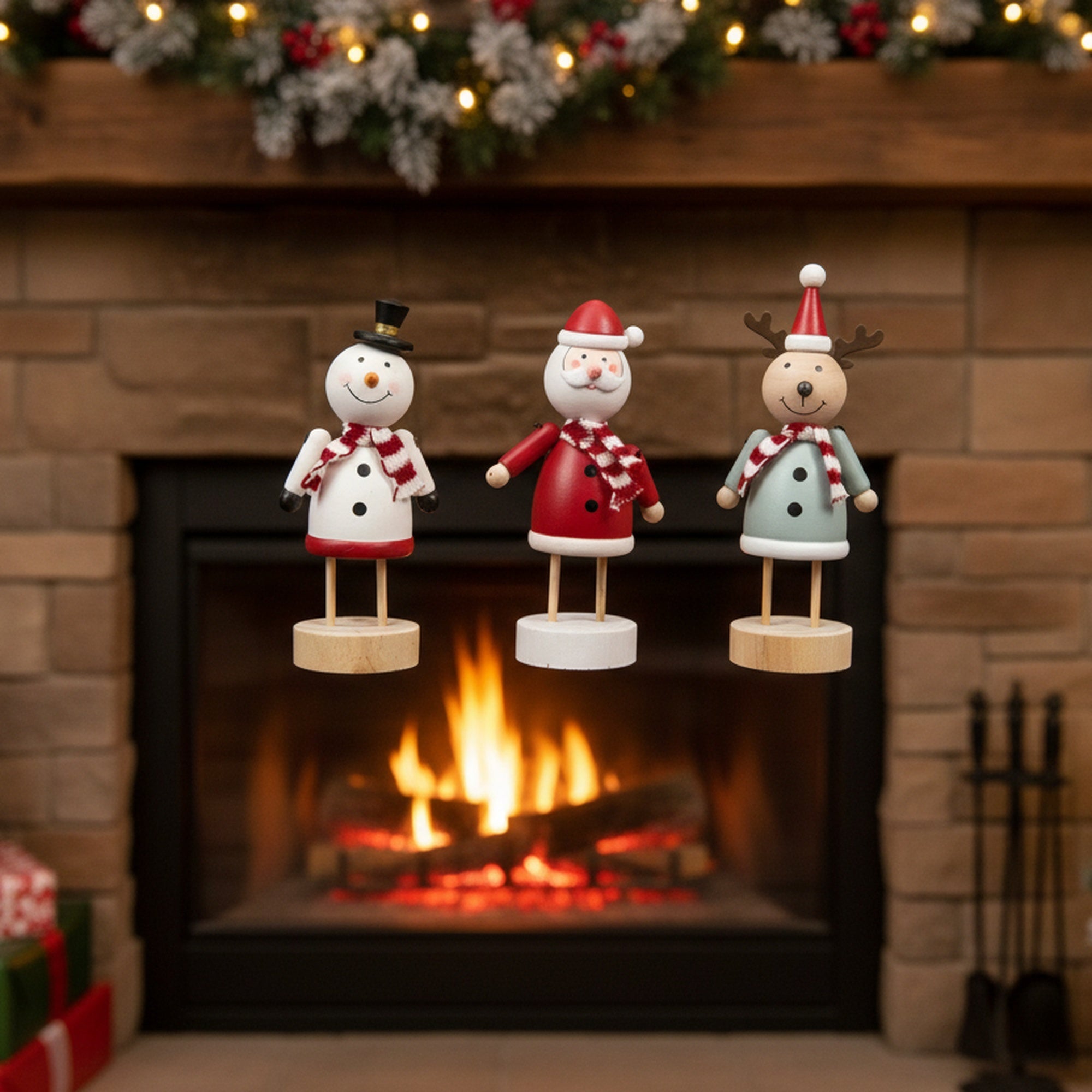 Wooden Figure with Scarf Assorted Santa/Snowman/Reindeer, Christmas, Figurine, Holiday Decor- Set of 3