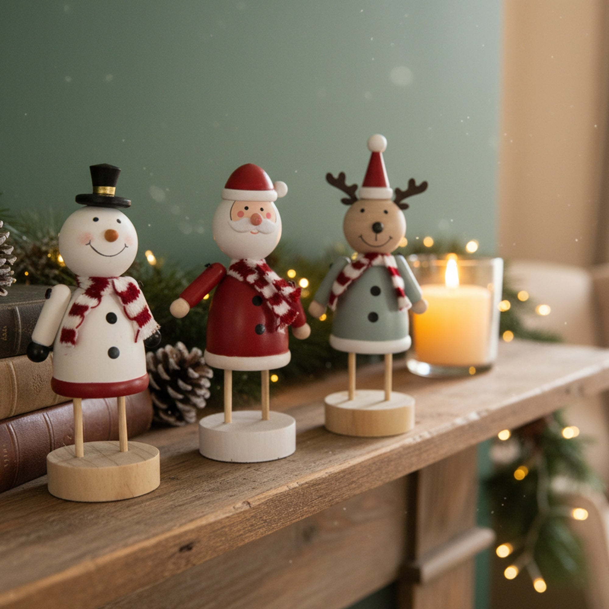 Wooden Figure with Scarf Assorted Santa/Snowman/Reindeer, Christmas, Figurine, Holiday Decor- Set of 3