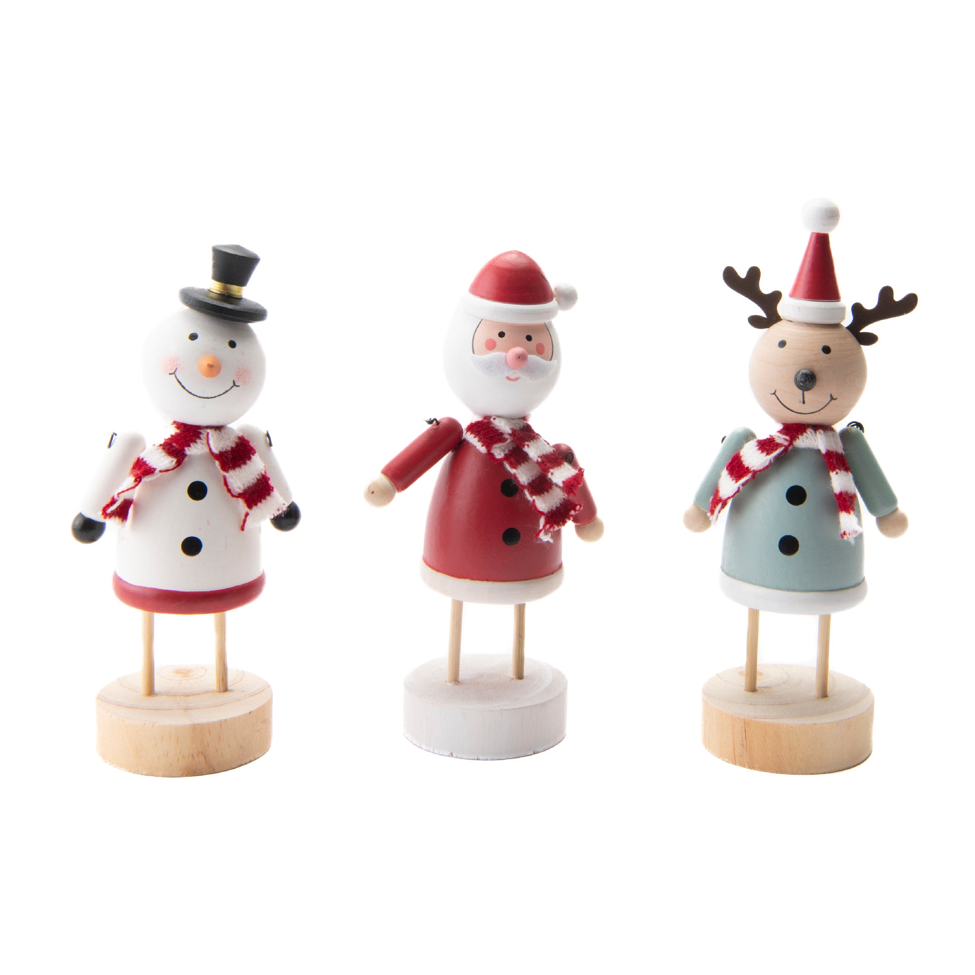 Wooden Figure with Scarf Assorted Santa/Snowman/Reindeer, Christmas, Figurine, Holiday Decor- Set of 3