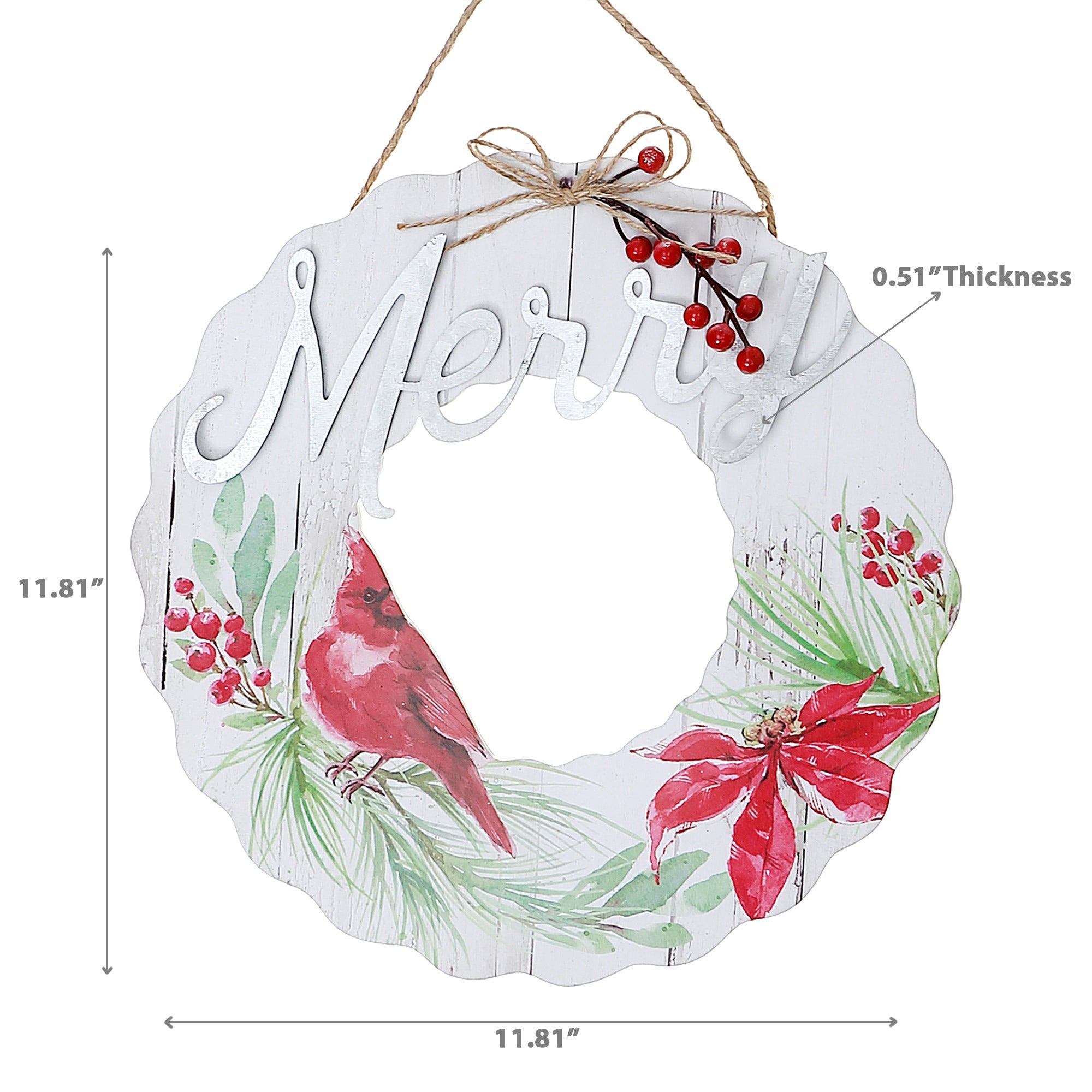 Wooden Wreath Cardinal Merry Christmas Hanger – Holiday Wall Decor