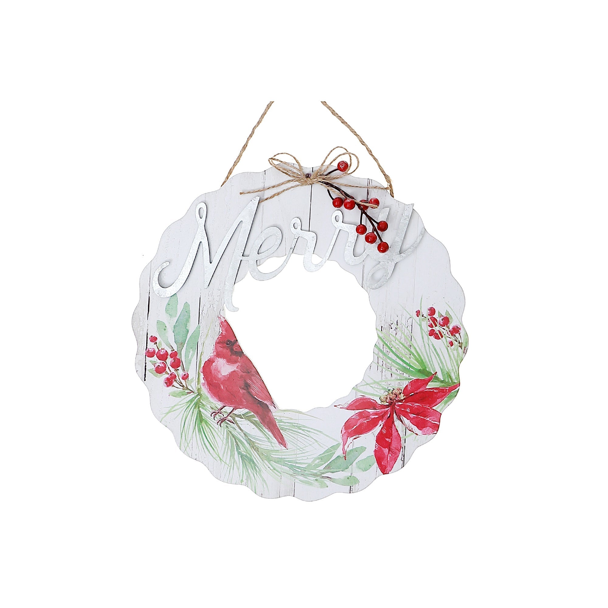 Wooden Wreath Cardinal Merry Christmas Hanger – Holiday Wall Decor