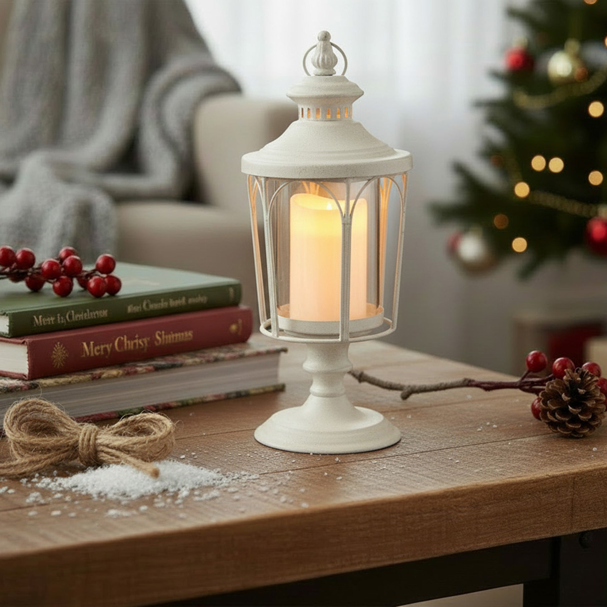 White Glitter Metal Lantern Candle Holder, Candle Holder, Holiday Decor