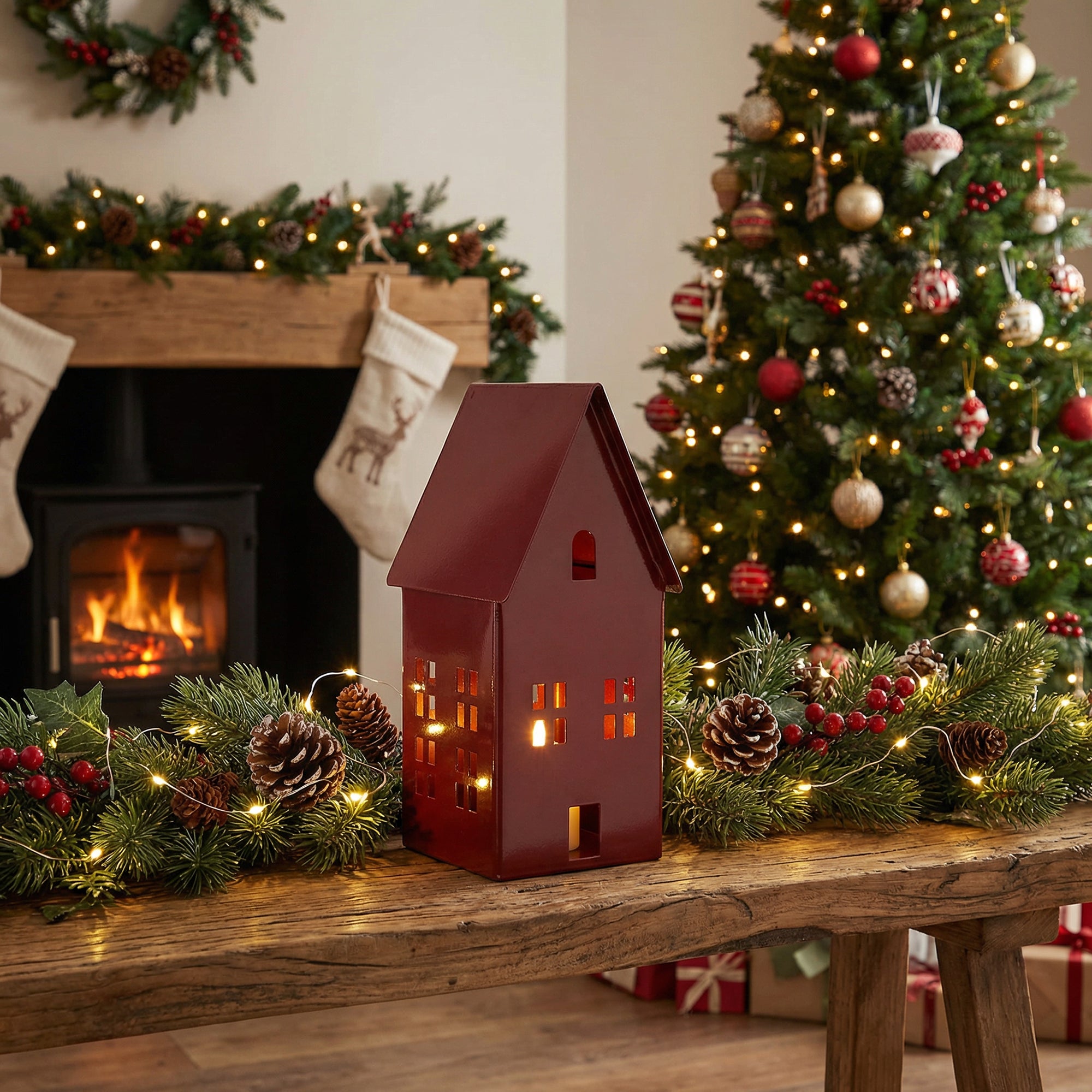 9" Red Metal House Decor, Holiday Decor