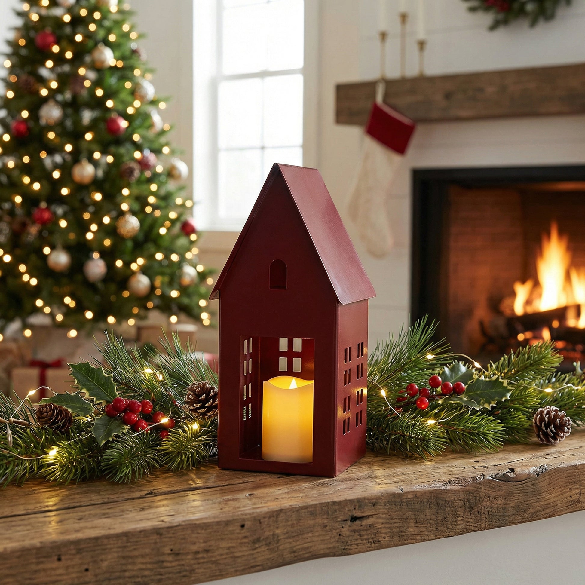 6.8" Red Metal House Decor, Holiday Decor