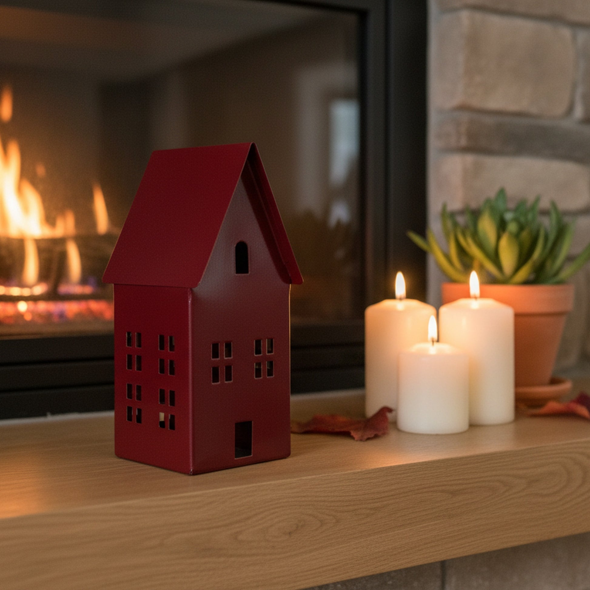 6.8" Red Metal House Decor, Holiday Decor