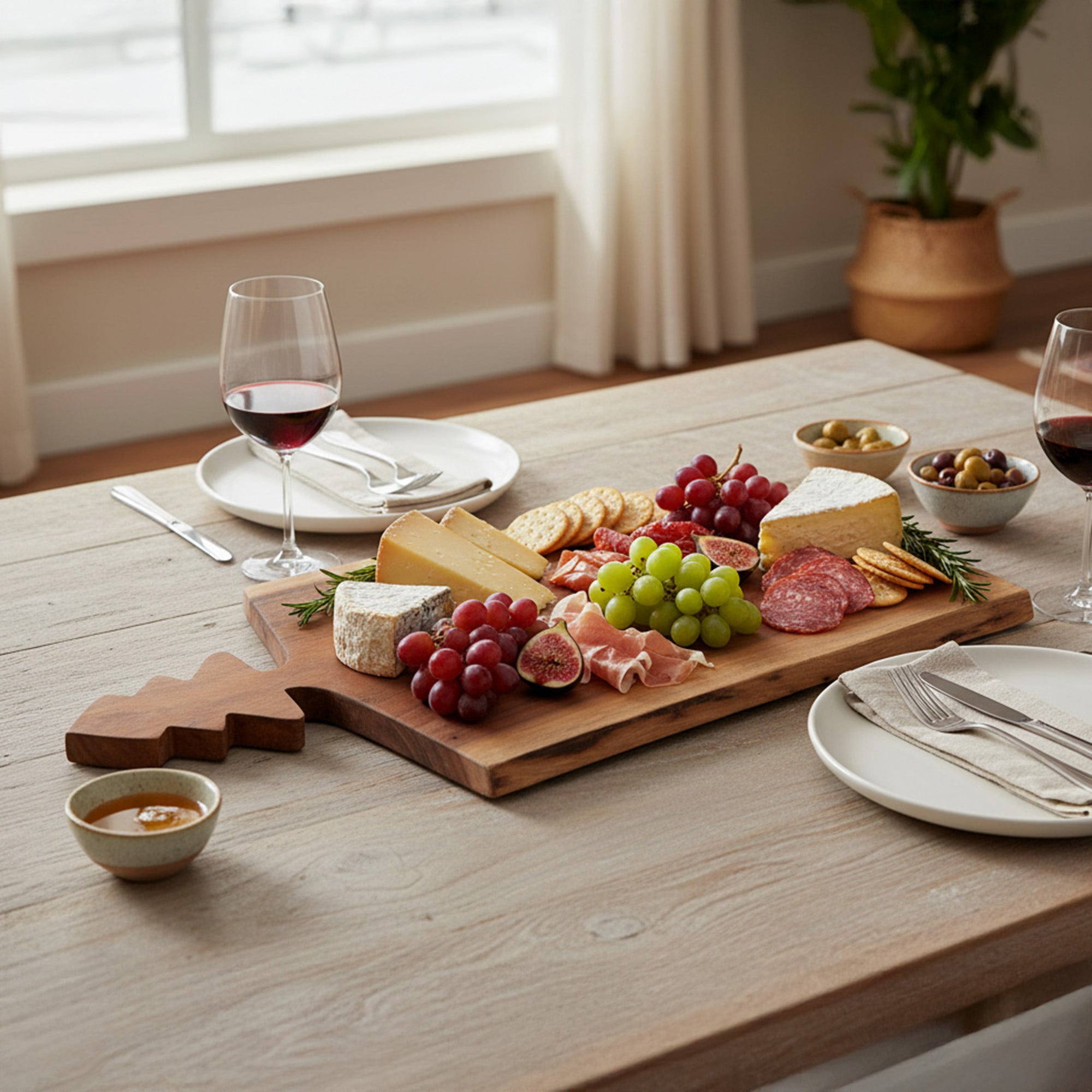Acacia Wooden Serving Board with Tree Handle, Serving Tray, Holiday Decor
