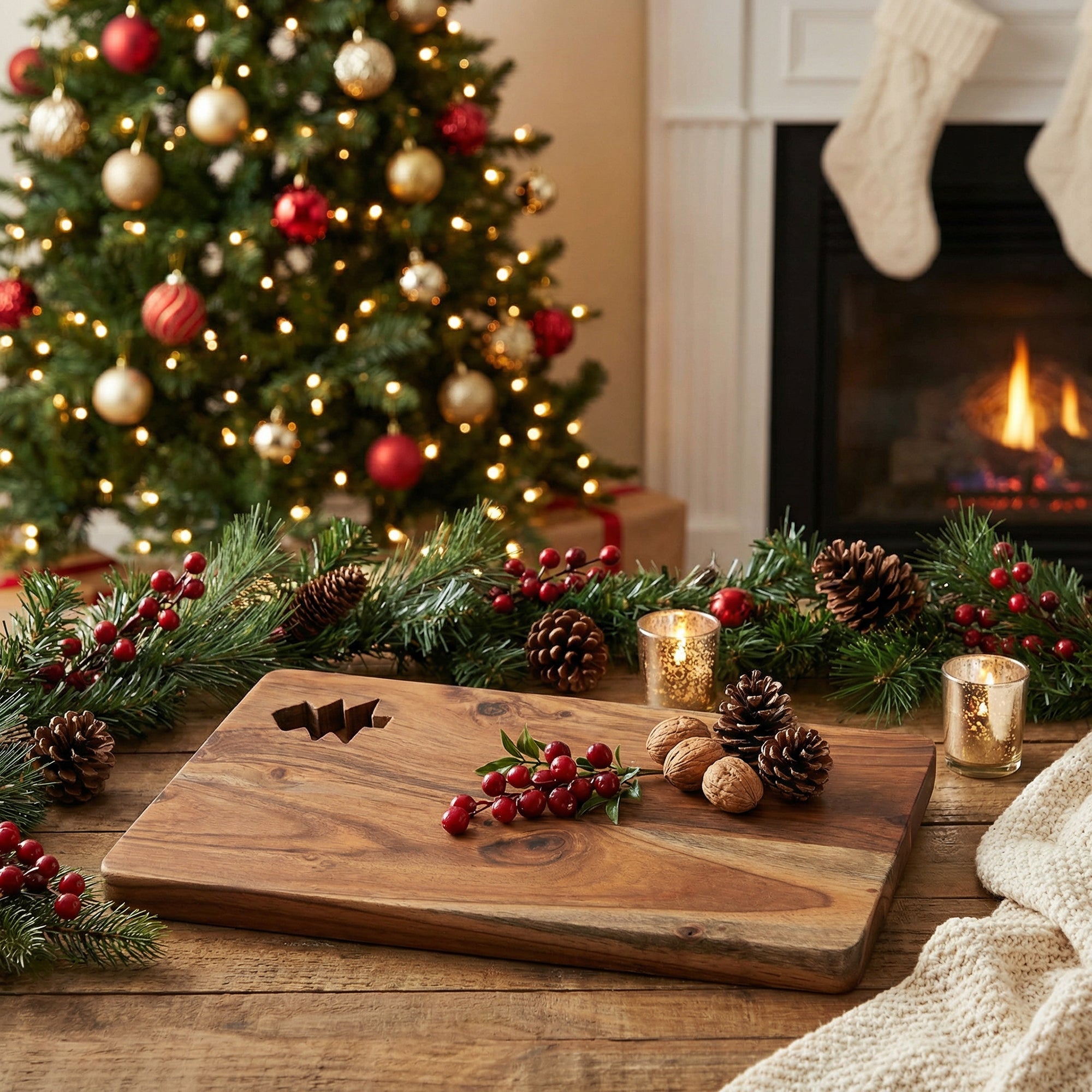Acacia Rectangular Wooden Serving Board with Cutout Tree, Serving Tray, Holiday Decor