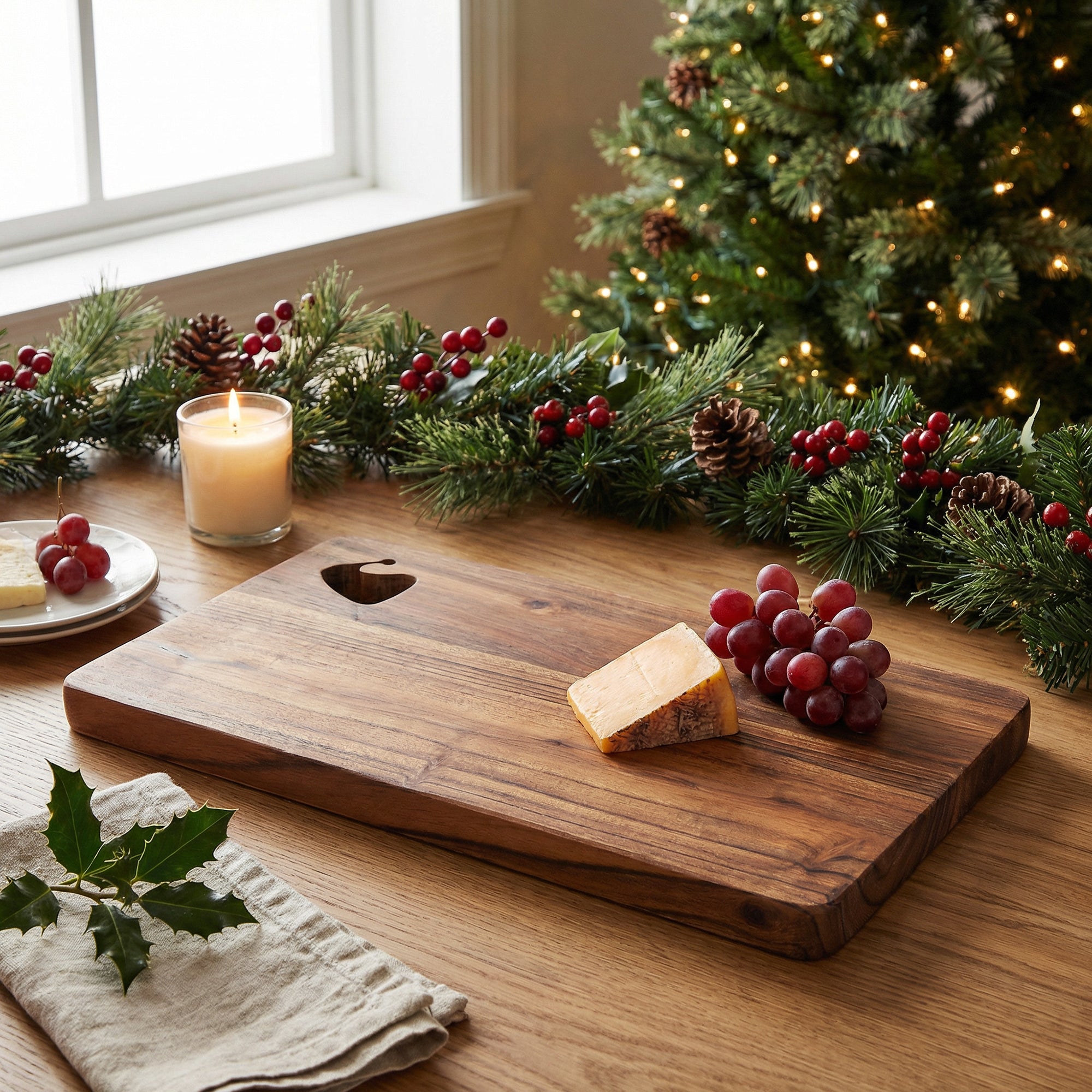 Acacia Rectangular Wooden Serving Board with Cutout Santa Hat, Christmas, Serving Tray, Holiday Decor