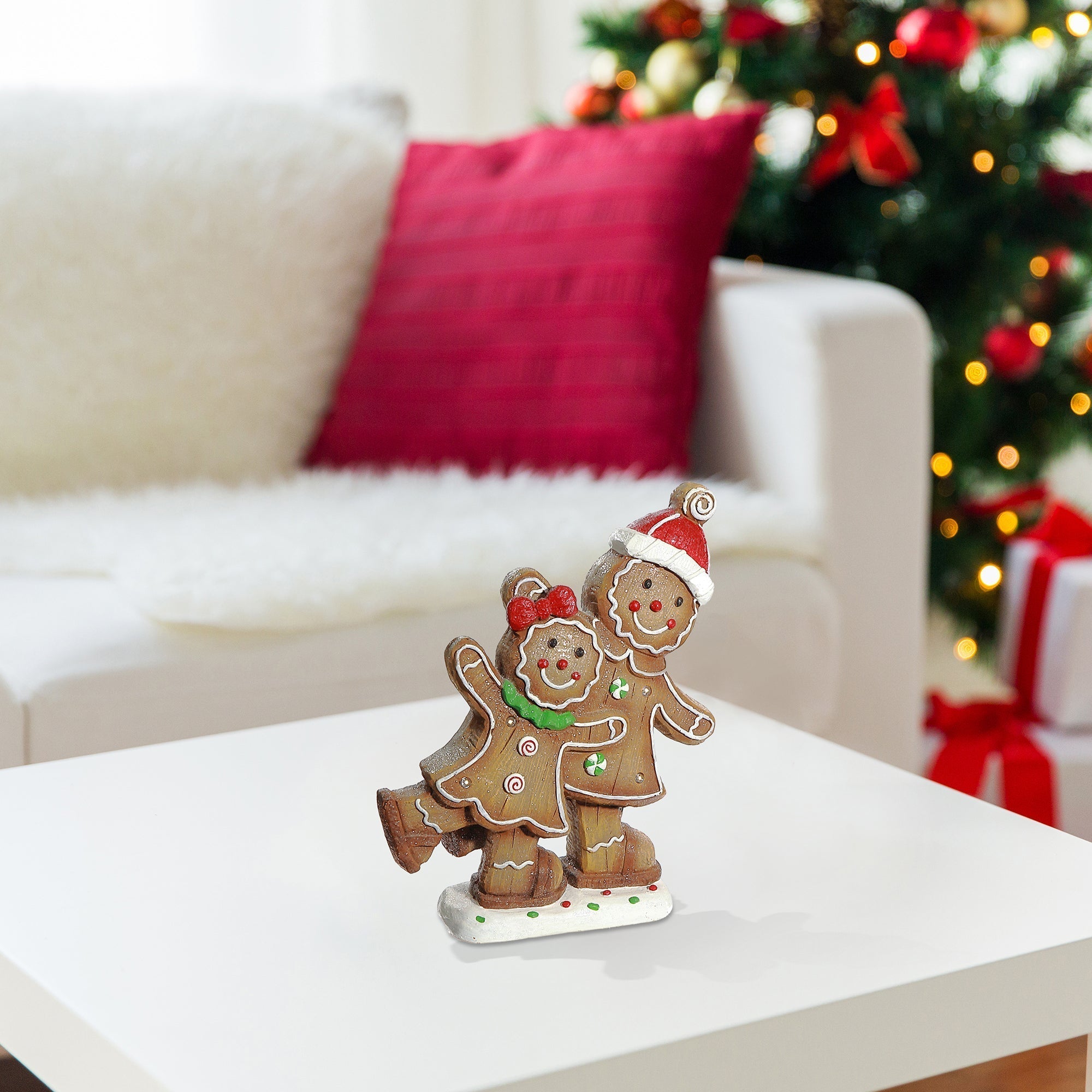 LED Magnesia Double Gingerbread Skating Figurine – Holiday Decoration, Christmas Display