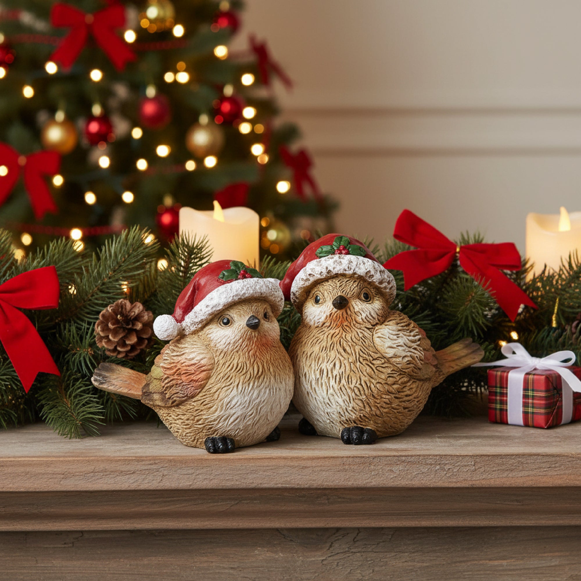 Polyresin Bird with Santa Hat 4", Christmas, Holiday Decor- Set of 2