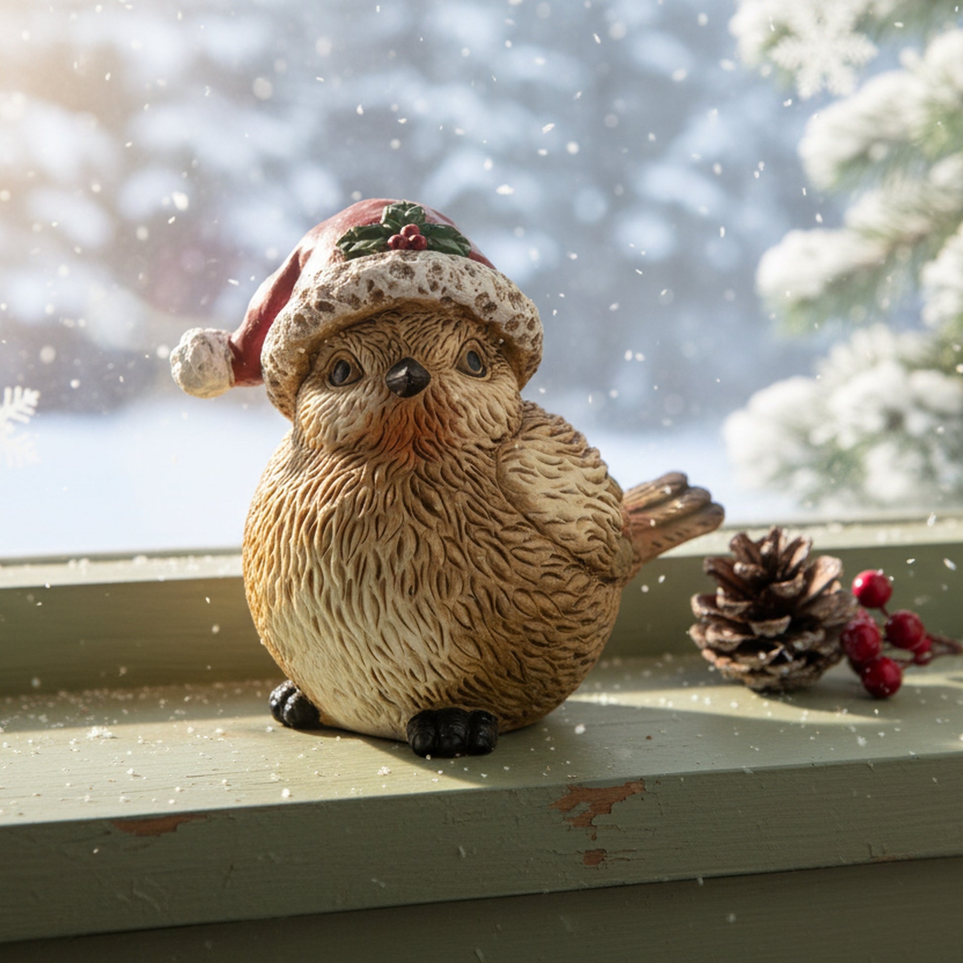 Polyresin Bird with Santa Hat 4", Christmas, Holiday Decor- Set of 2